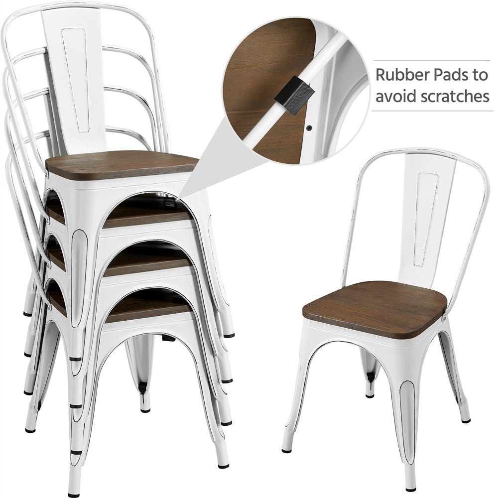 Alden Design Metal Stackable Dining Chairs with Wooden Seat, Set of 4, White