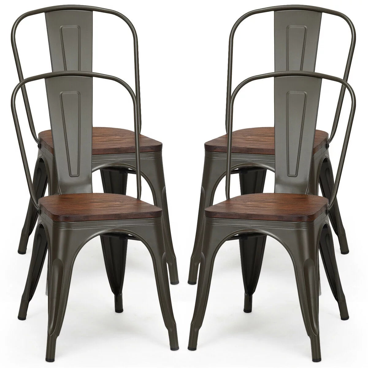 Costway Set of 4 Style Metal Dining Side Chair Wood Seat Stackable Bistro Cafe