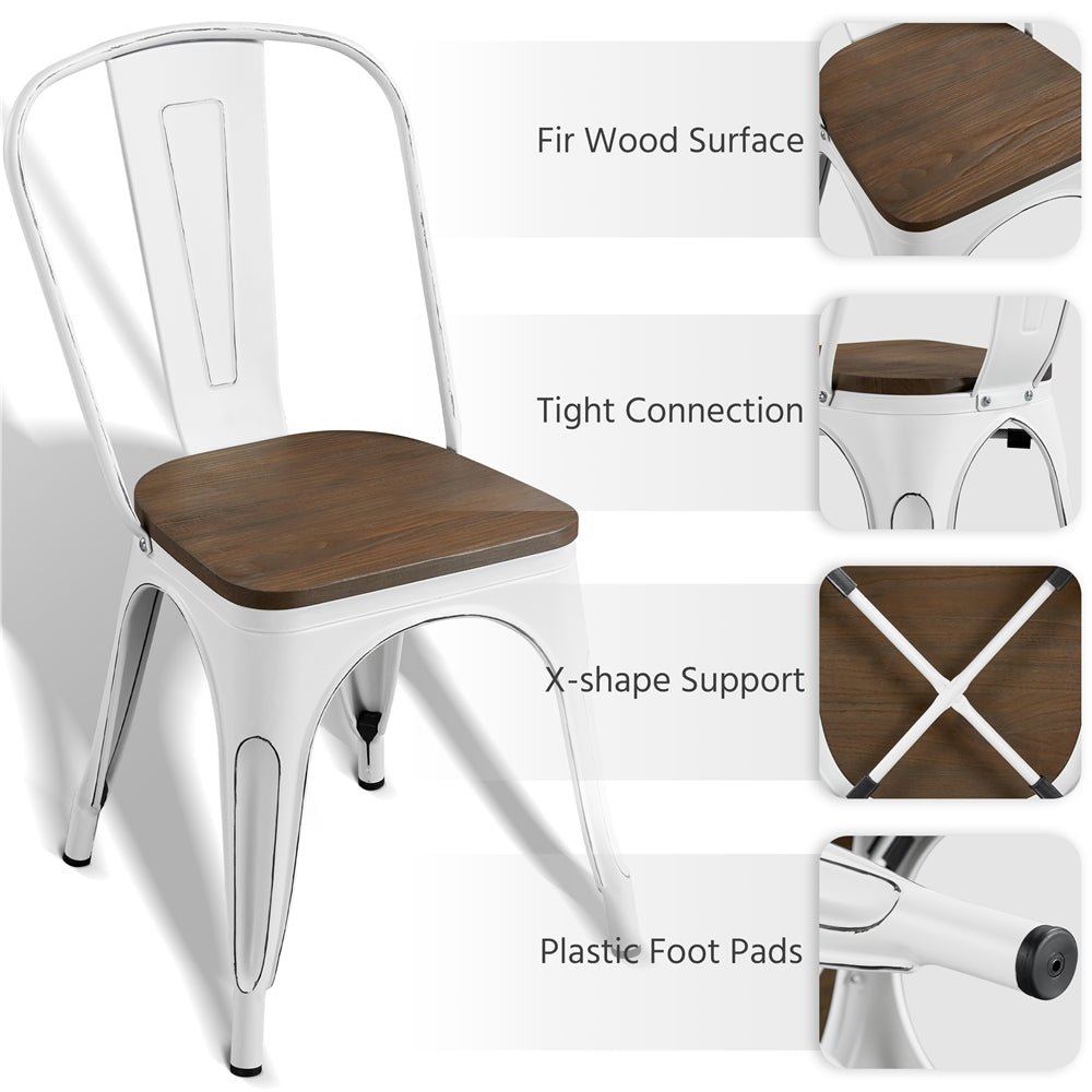 Alden Design Metal Stackable Dining Chairs with Wooden Seat, Set of 4, White