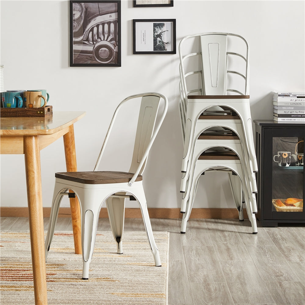 Alden Design Metal Stackable Dining Chairs with Wooden Seat, Set of 4, White