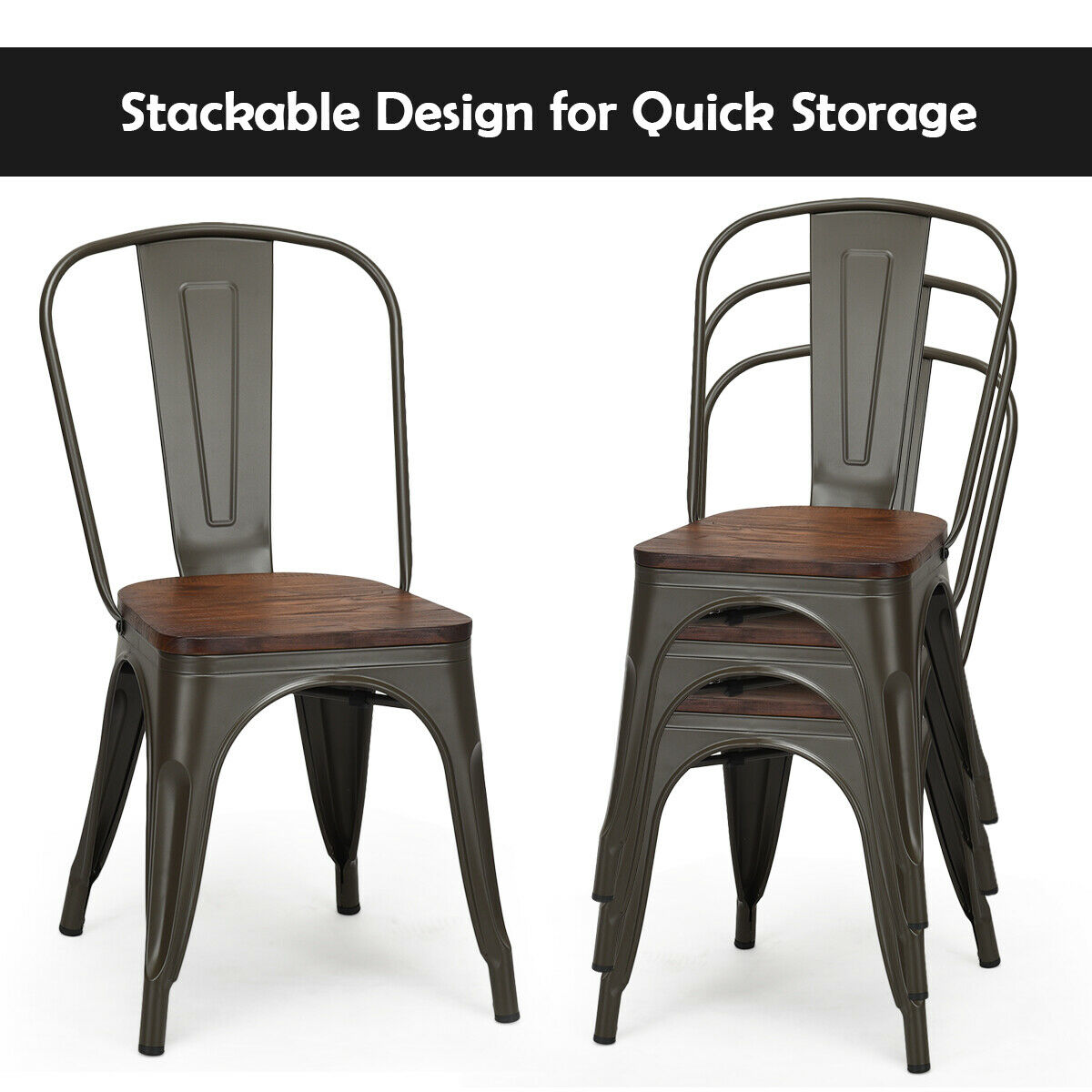 Costway Set of 4 Style Metal Dining Side Chair Wood Seat Stackable Bistro Cafe