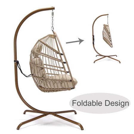 Nicesoul Rattan Swing Egg Chair Hanging Chair with Stand Beige 350 lbs Capacity Metal Frame
