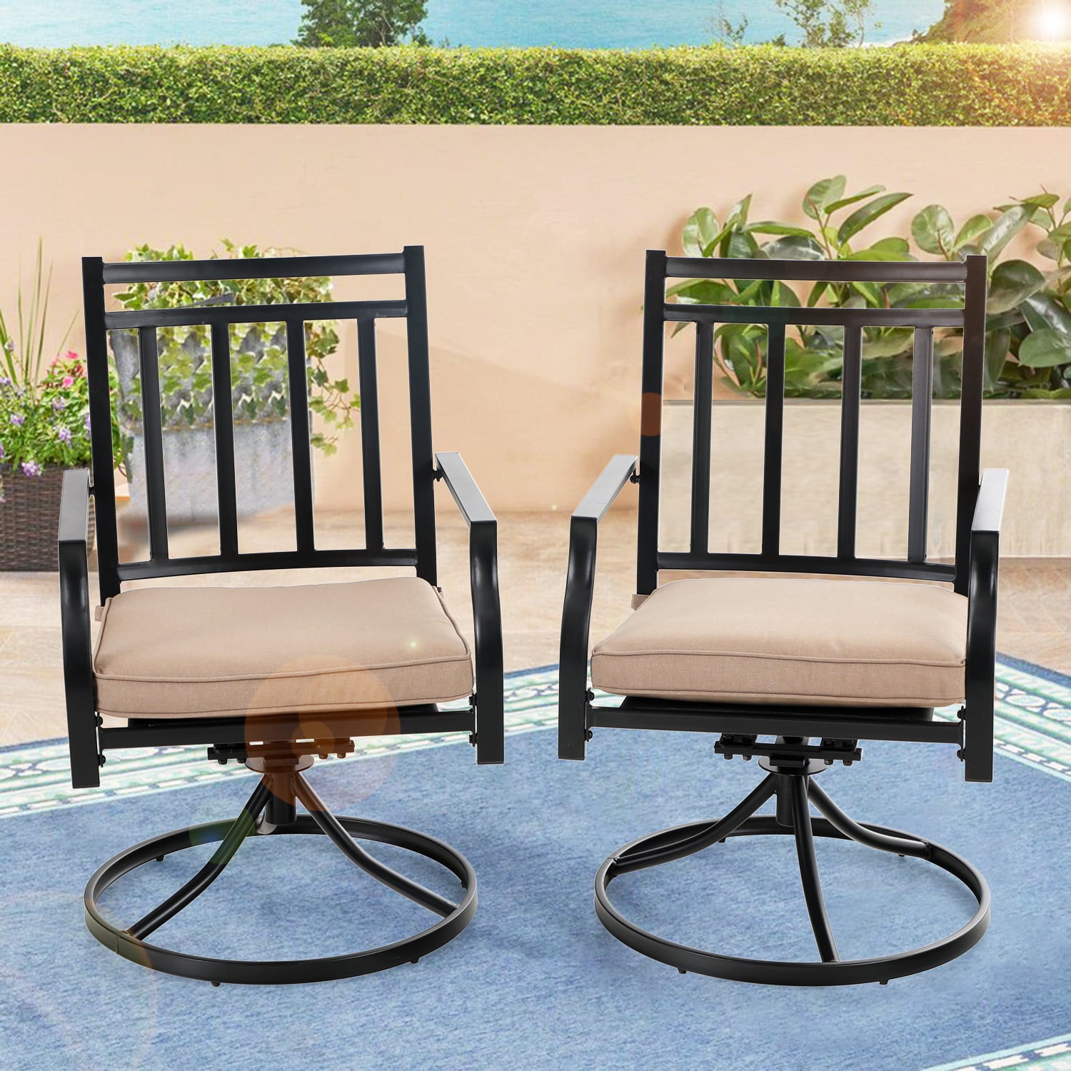 MF Studio Outdoor Dining Chairs Patio Swivel Chairs with Beige Cushion Suitable for Garden, patio and Living Room, Beige/Black