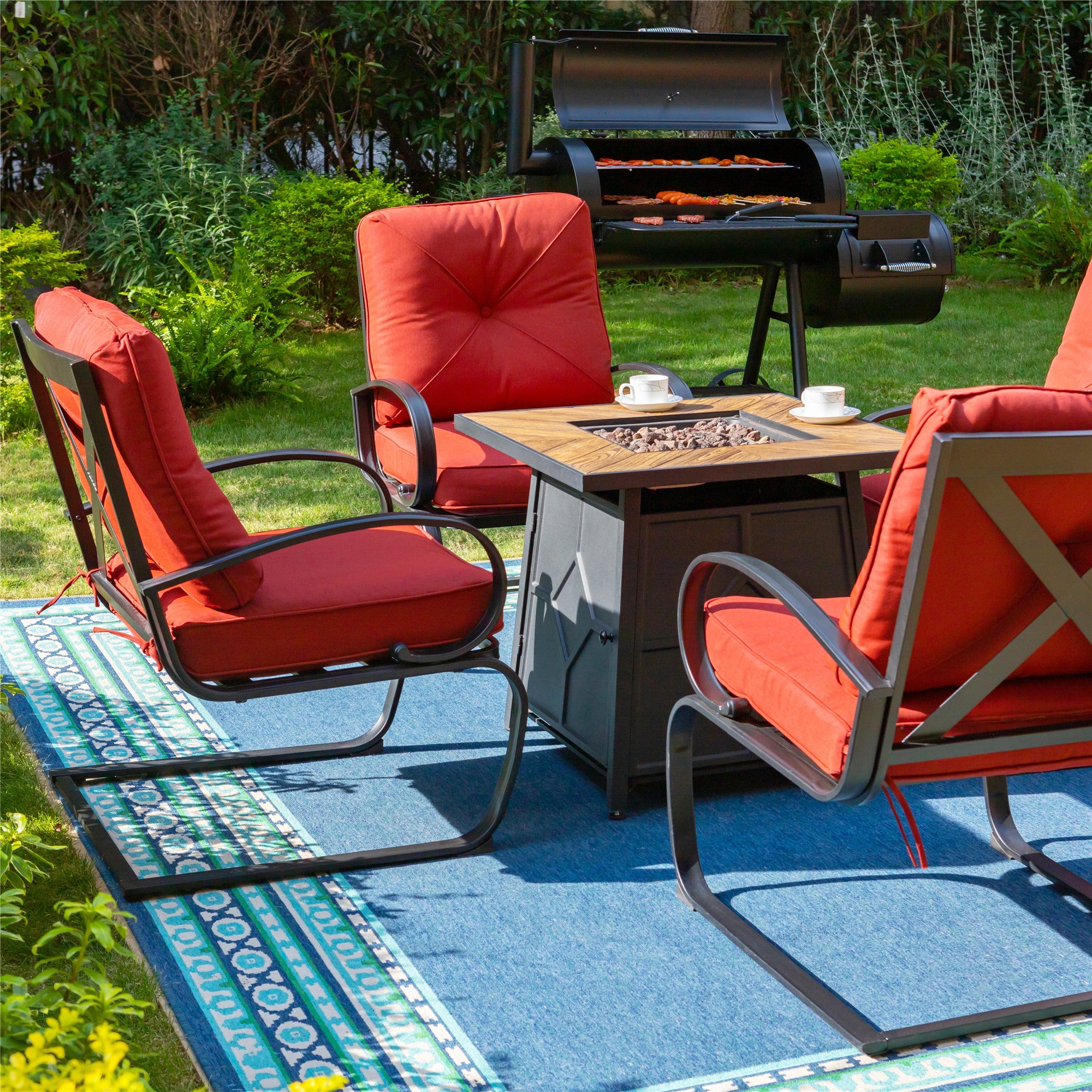 MF Studio Set of 2 Outdoor Dining Chairs, C-shape Steel Frame with Cushions, Black&Red