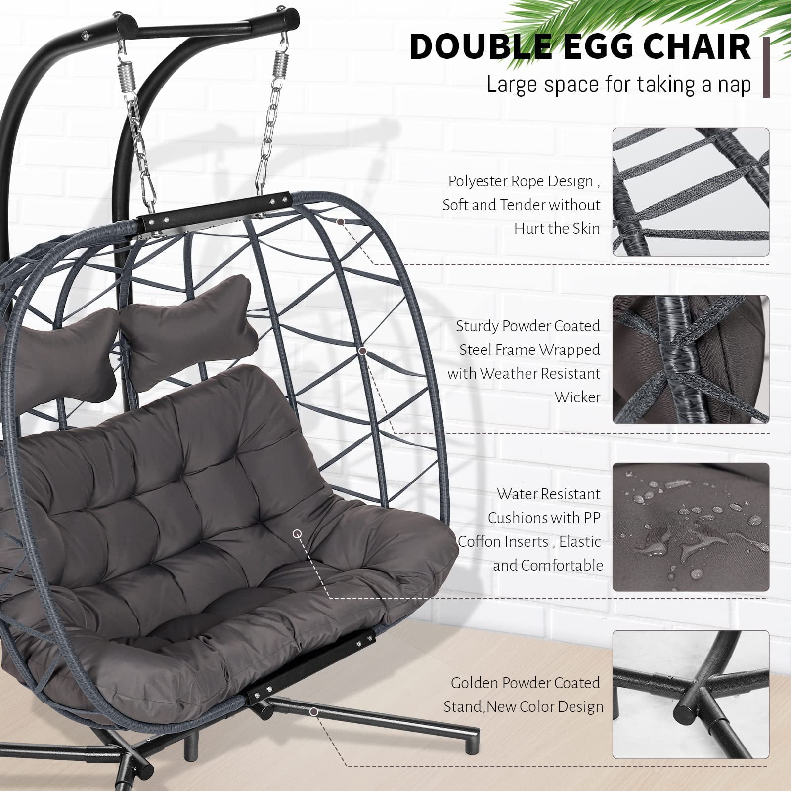 NICESOUL® Wicker Double Egg Chair with Cushions for 2 Person Outdoor, Maximum Weight 510 lbs, Gray