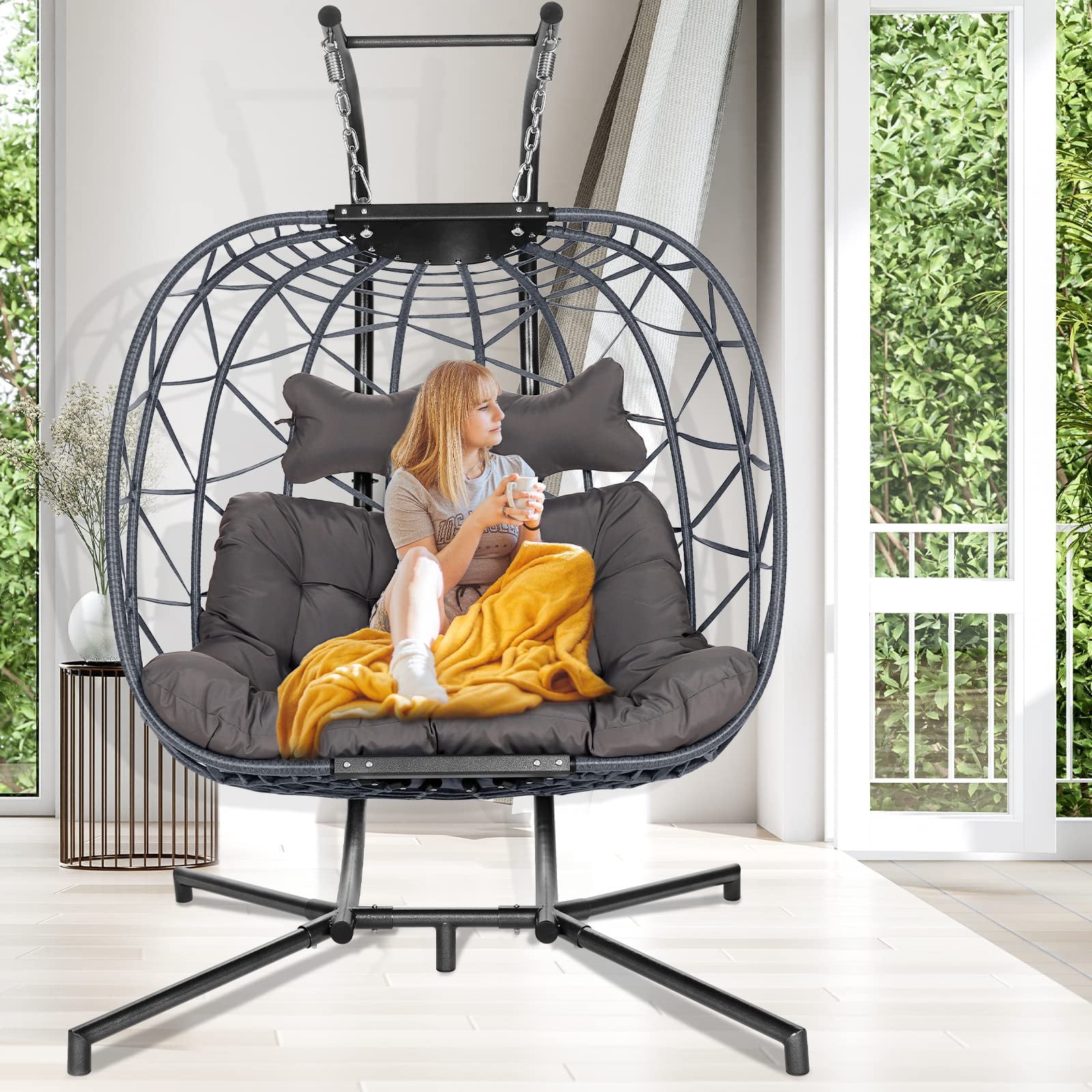 NICESOUL® Wicker Double Egg Chair with Cushions for 2 Person Outdoor, Maximum Weight 510 lbs, Gray
