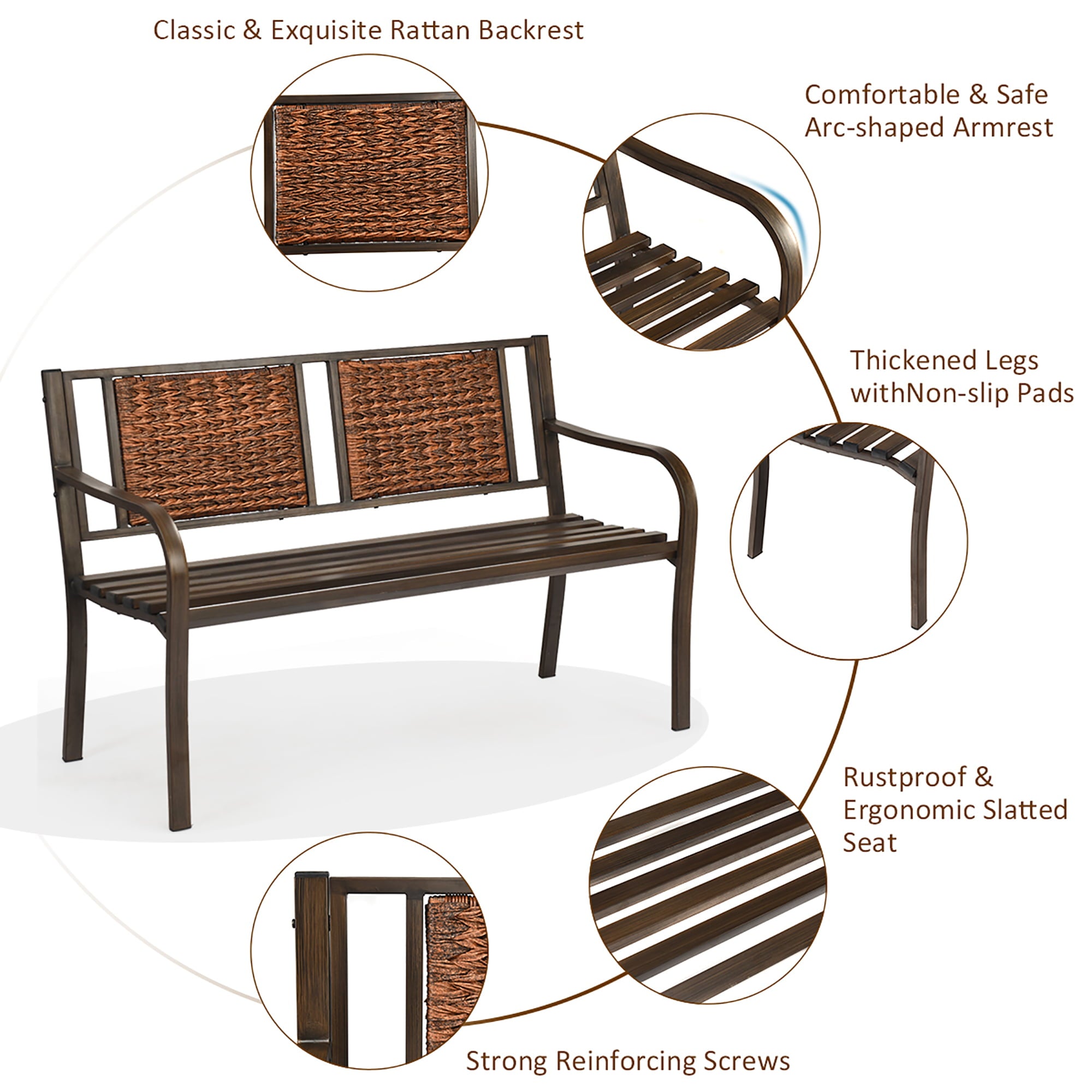 Costway Patio Garden Bench Steel Frame Rattan Backrest Park Yard Outdoor Porch Furniture