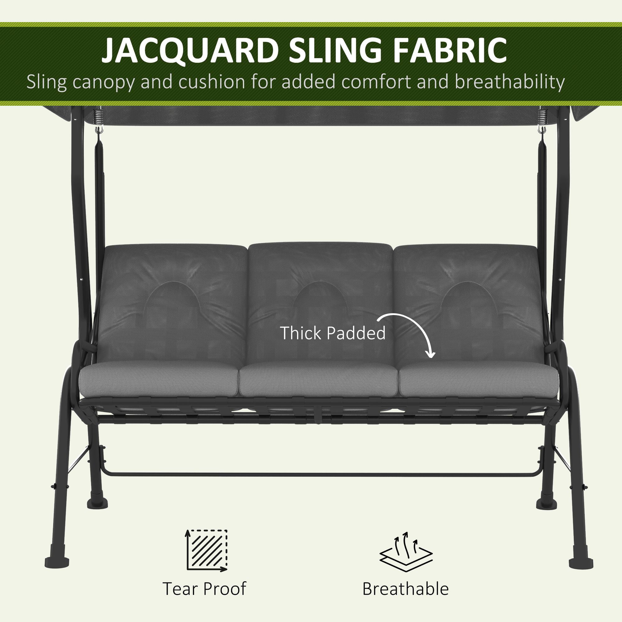 Outsunny 3-Seat Patio Swing Chair/Swing Glider with Adjustable Canopy, Removable Cushion