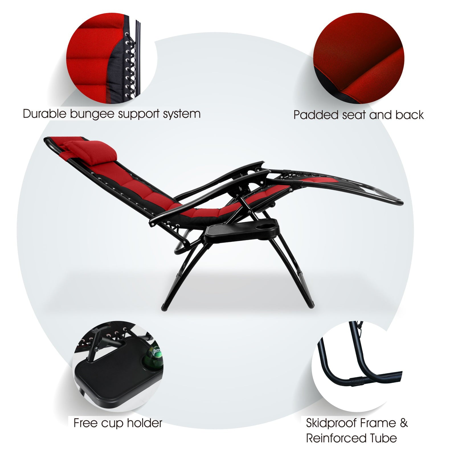 MF Studio Padded Zero Gravity Lounge Chair Adjustable Potable Camping Lawn Chair Heavy Duty Steel Frame with Cup Holder, Red