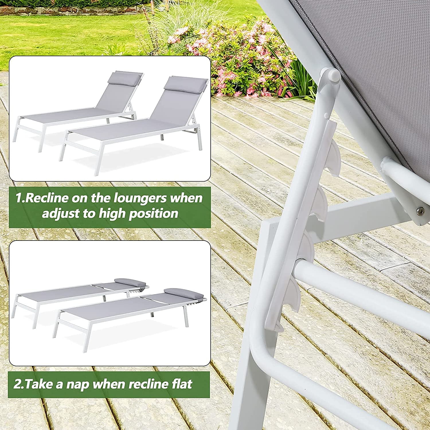Ulax Furniture Outdoor Adjustable Pool Chaise Lounge Chairs Set of 2 All Weather Metal Sling Lounge Chairs for Outside, Patio, Beach(Light Grey)