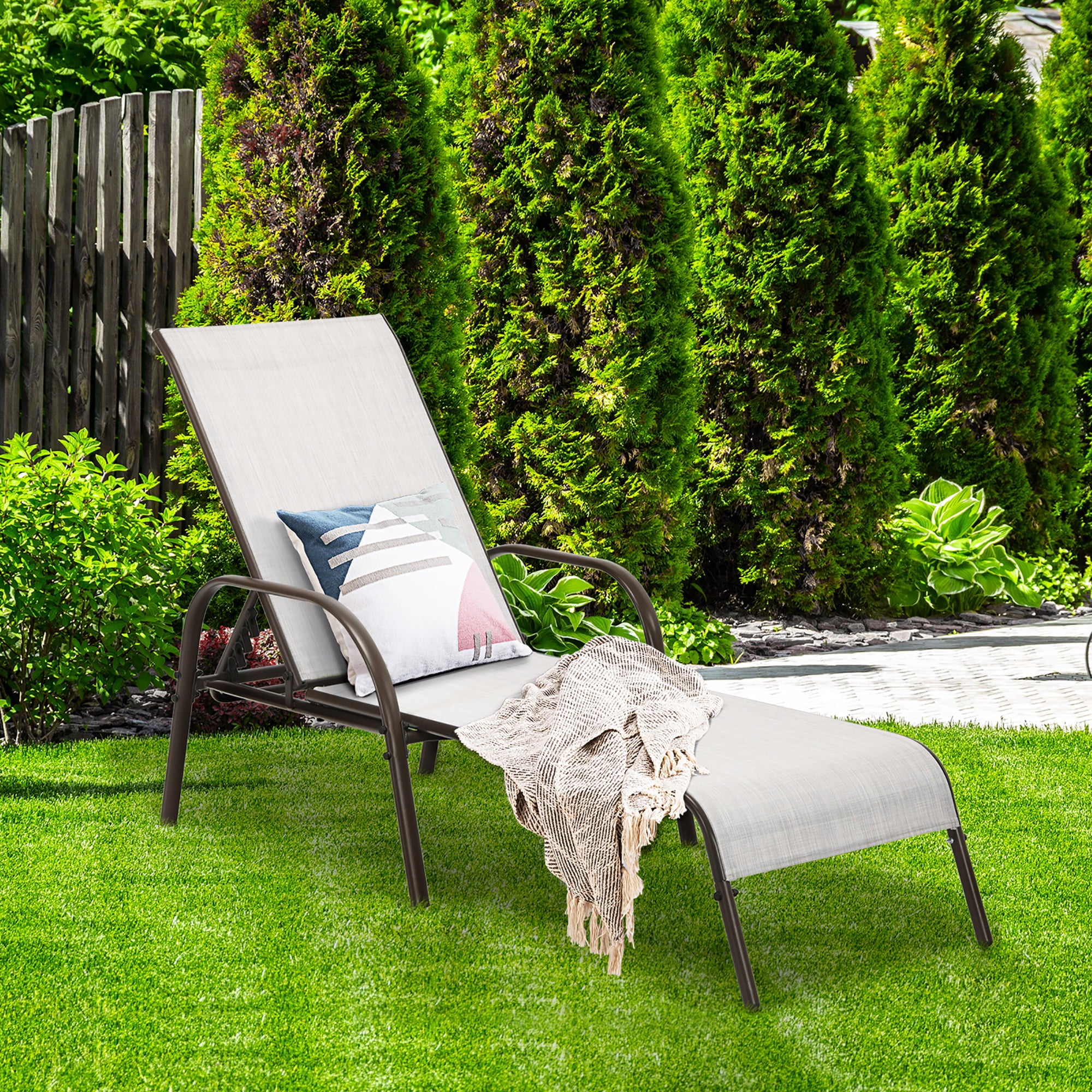 Costway 2PCS Patio Lounge Chair Chaise Adjustable Reclining Armrest Gray