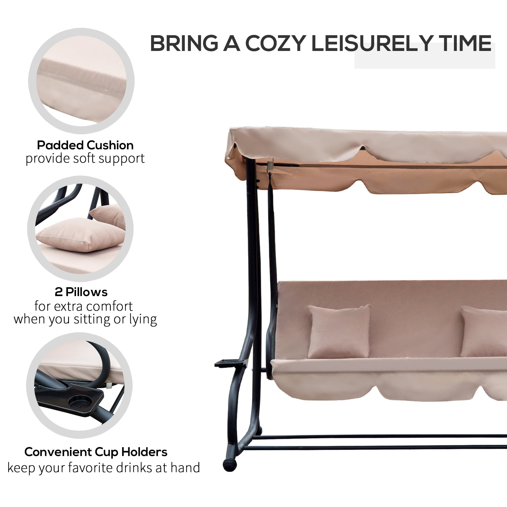 Outsunny 3-Seat Outdoor Patio Swing Chair, Converting Flatbed, with Adjustable Canopy, Removable Cushion and Pillows