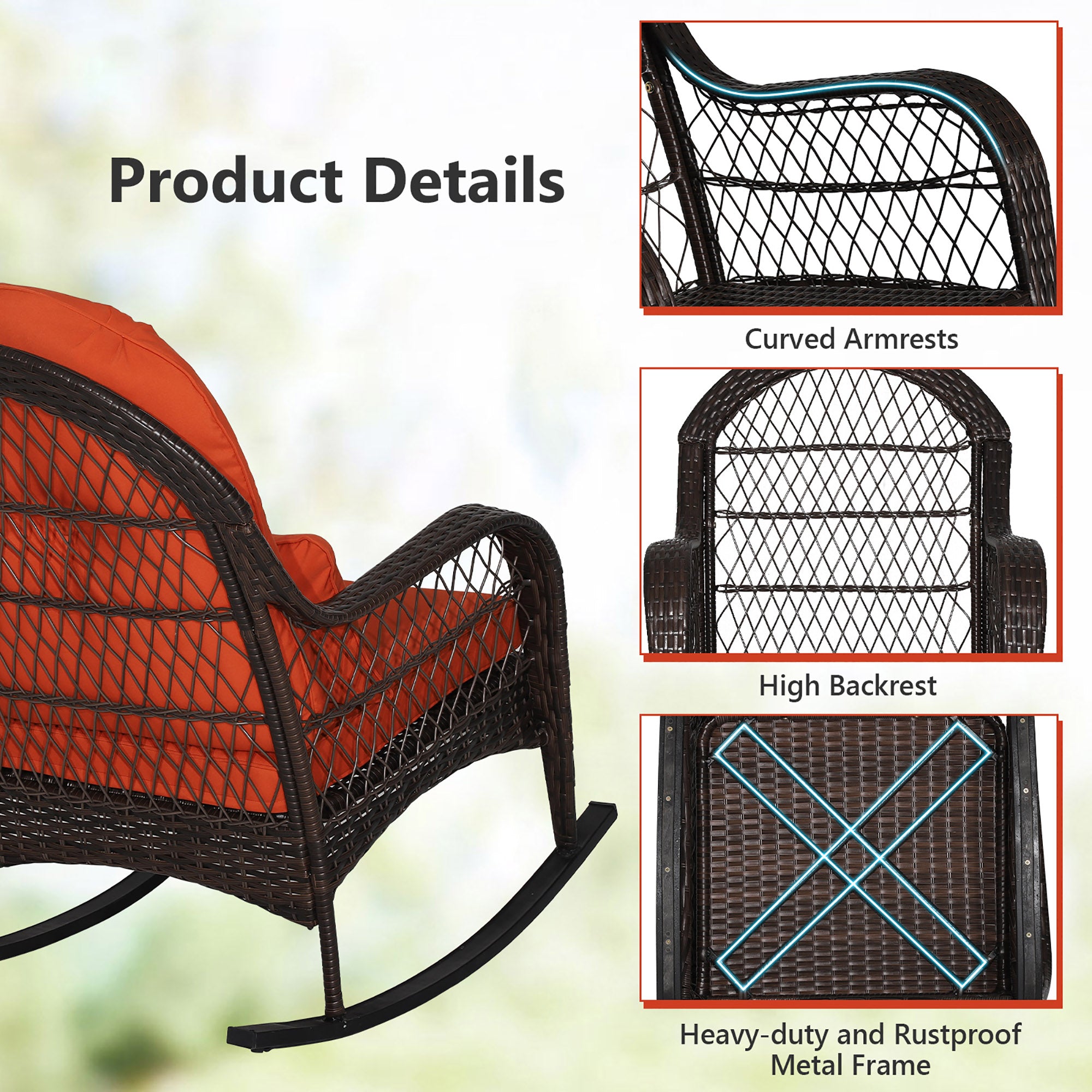 Costway Outdoor Patio Rattan Wicker Rocking Chair Rocker Cushion Pillow Garden Deck