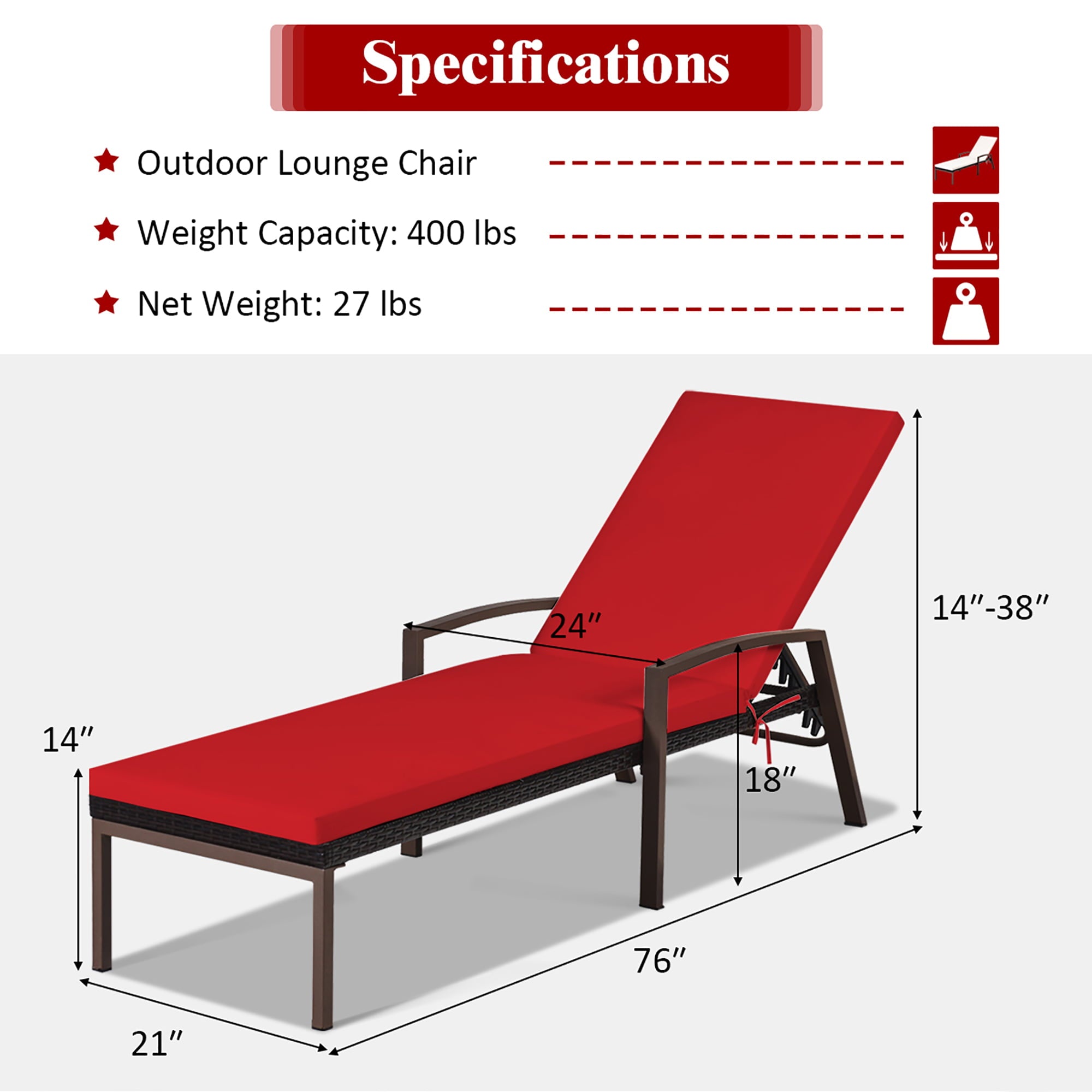 Costway 2PCS Patio Rattan Lounge Chair Chaise Recliner Back Adjustable Cushioned Red