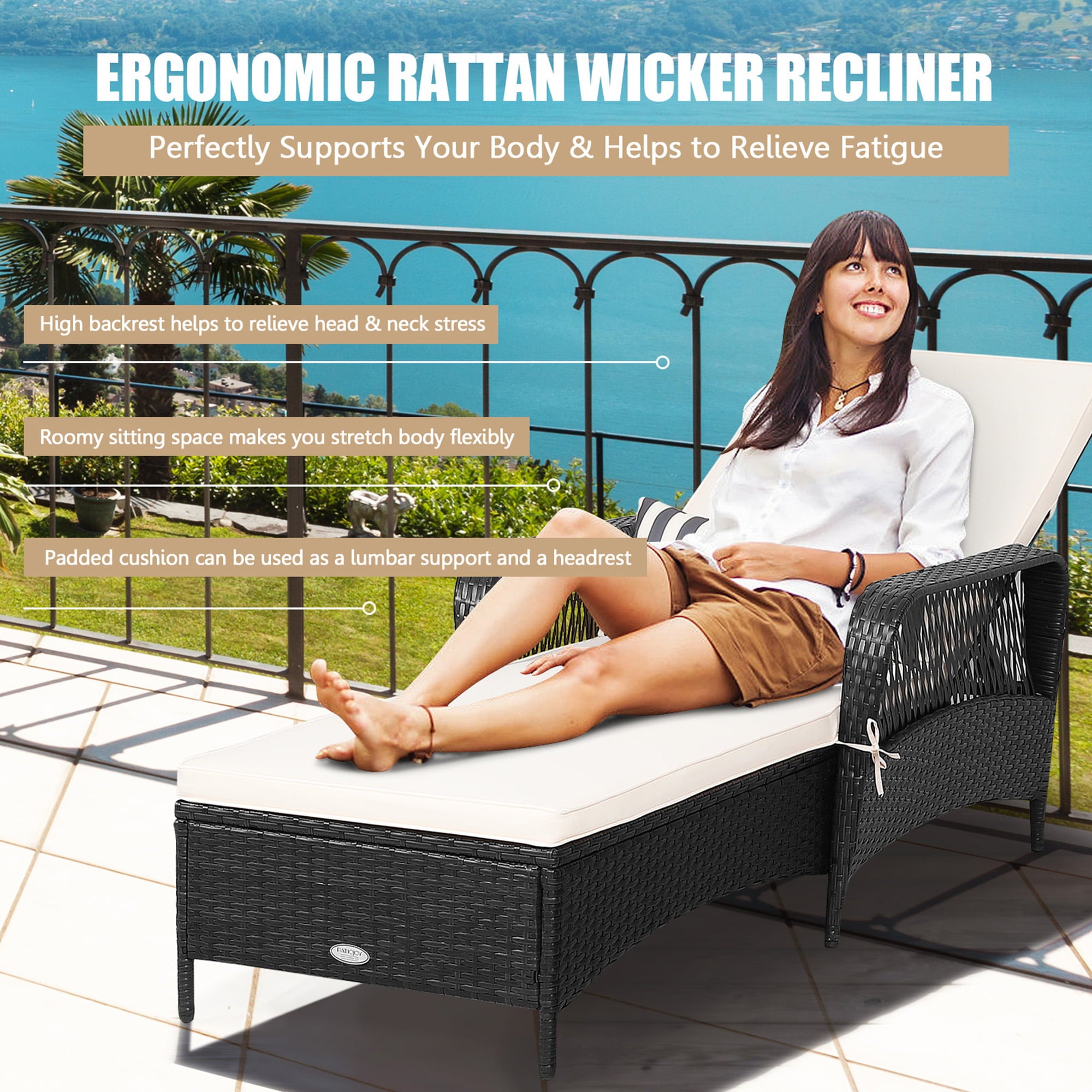 Gymax Set of 2 Adjustable Patio Rattan Lounge Chair Chaise Recliner w/ Cushion & Pillow