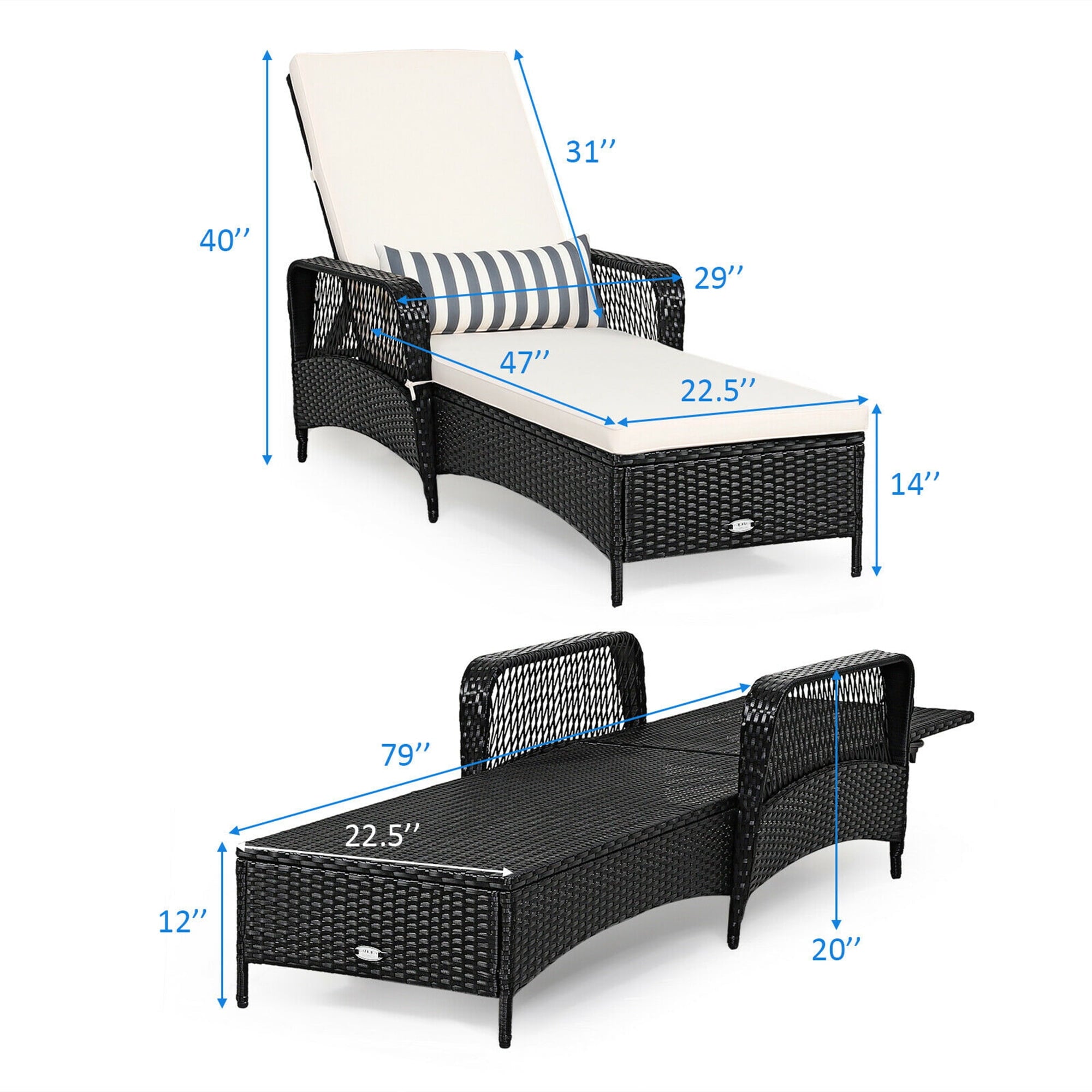 Gymax Set of 2 Adjustable Patio Rattan Lounge Chair Chaise Recliner w/ Cushion & Pillow