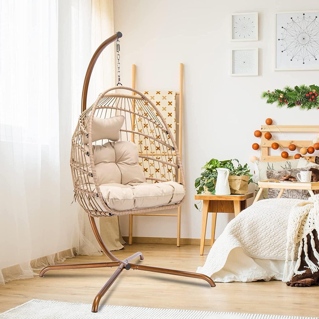 Nicesoul Rattan Swing Egg Chair Hanging Chair with Stand Beige 350 lbs Capacity Metal Frame