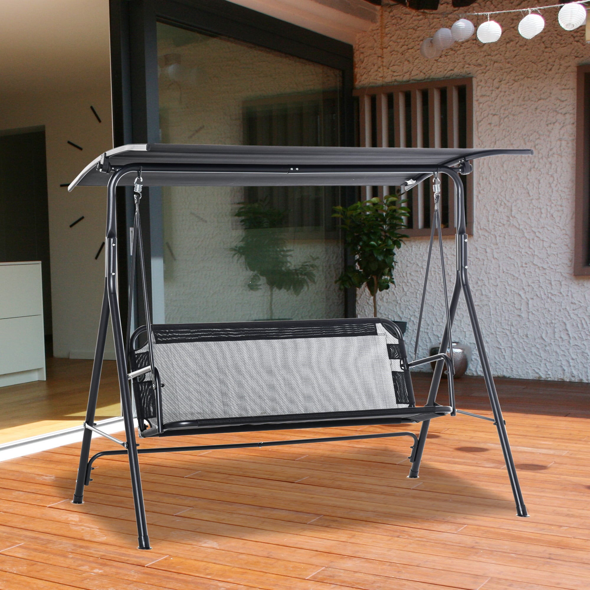 Outsunny Outdoor Patio Swing Chair with Adjustable Canopy, Porch Swing for 2 Person, Black