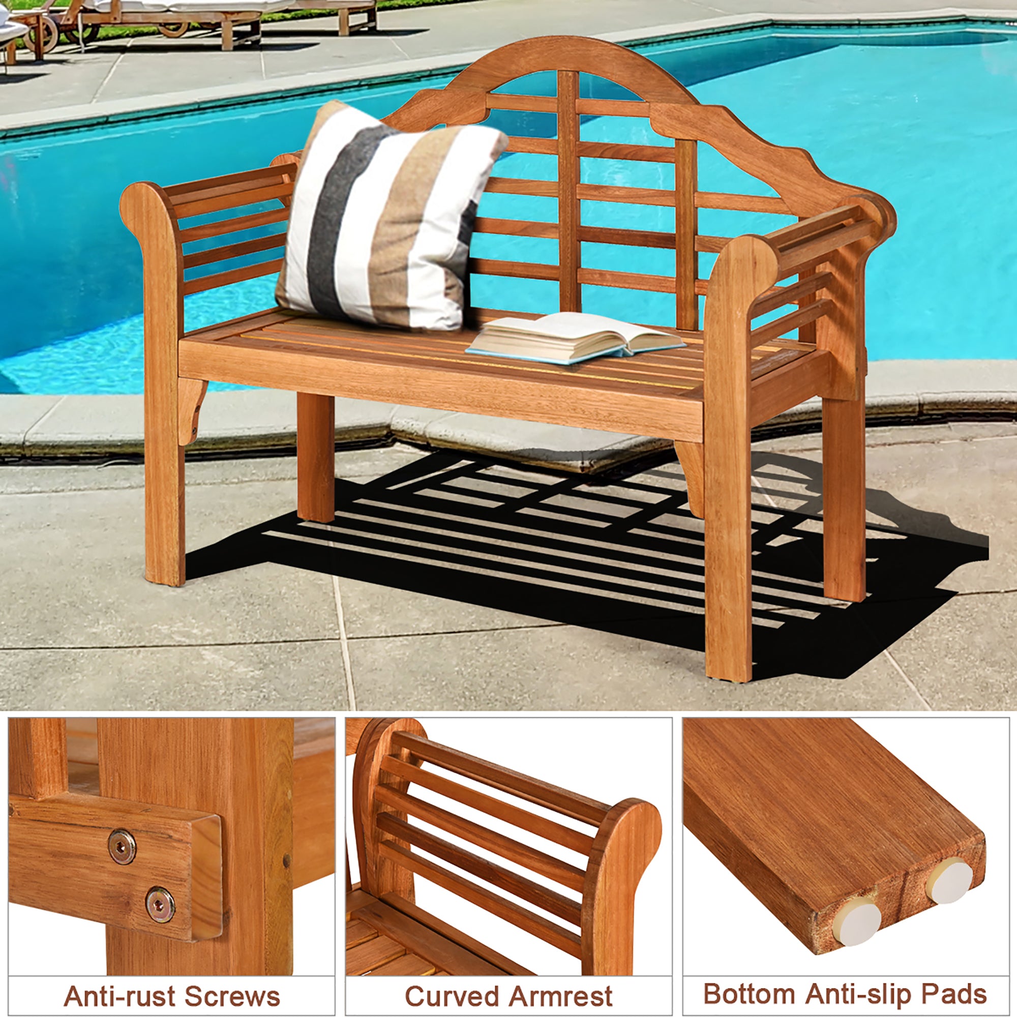 Costway 49'' Outdoor Folding Bench Eucalyptus Wood Backrest Armrest Patio Garden