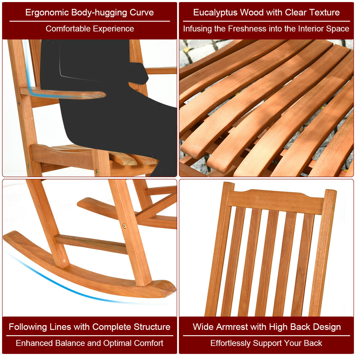 Gymax Outdoor Eucalyptus Rocking Chair Single Rocker for Patio Deck Garden Natural