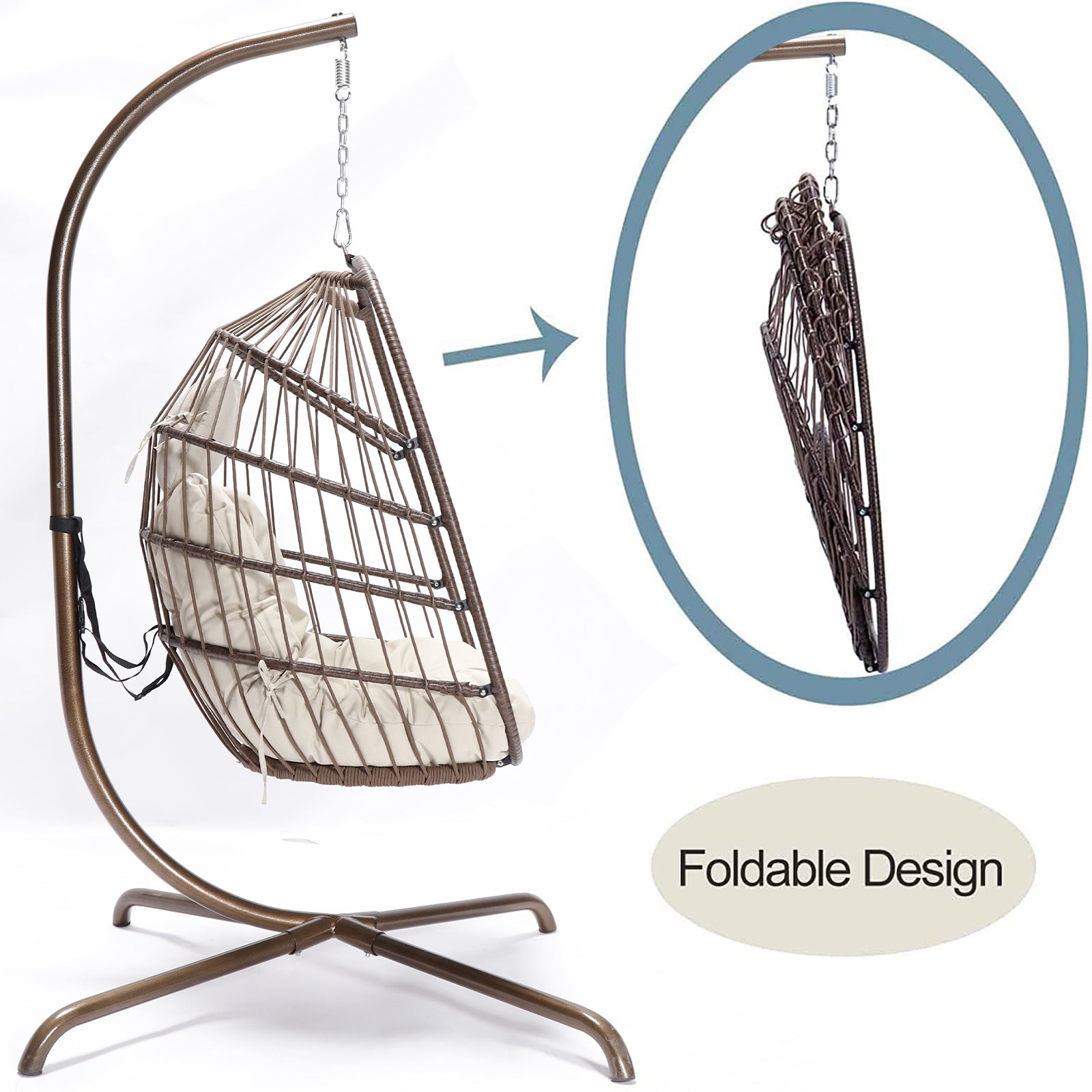 Nicesoul Foldable PE Wicker Brown Hanging Egg Chair With Stand, Cushion and Pillow