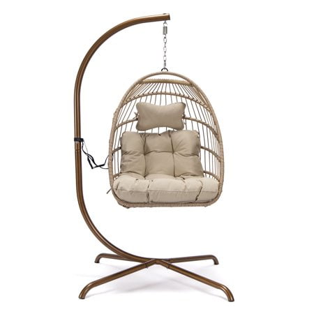 Nicesoul Rattan Swing Egg Chair Hanging Chair with Stand Beige 350 lbs Capacity Metal Frame