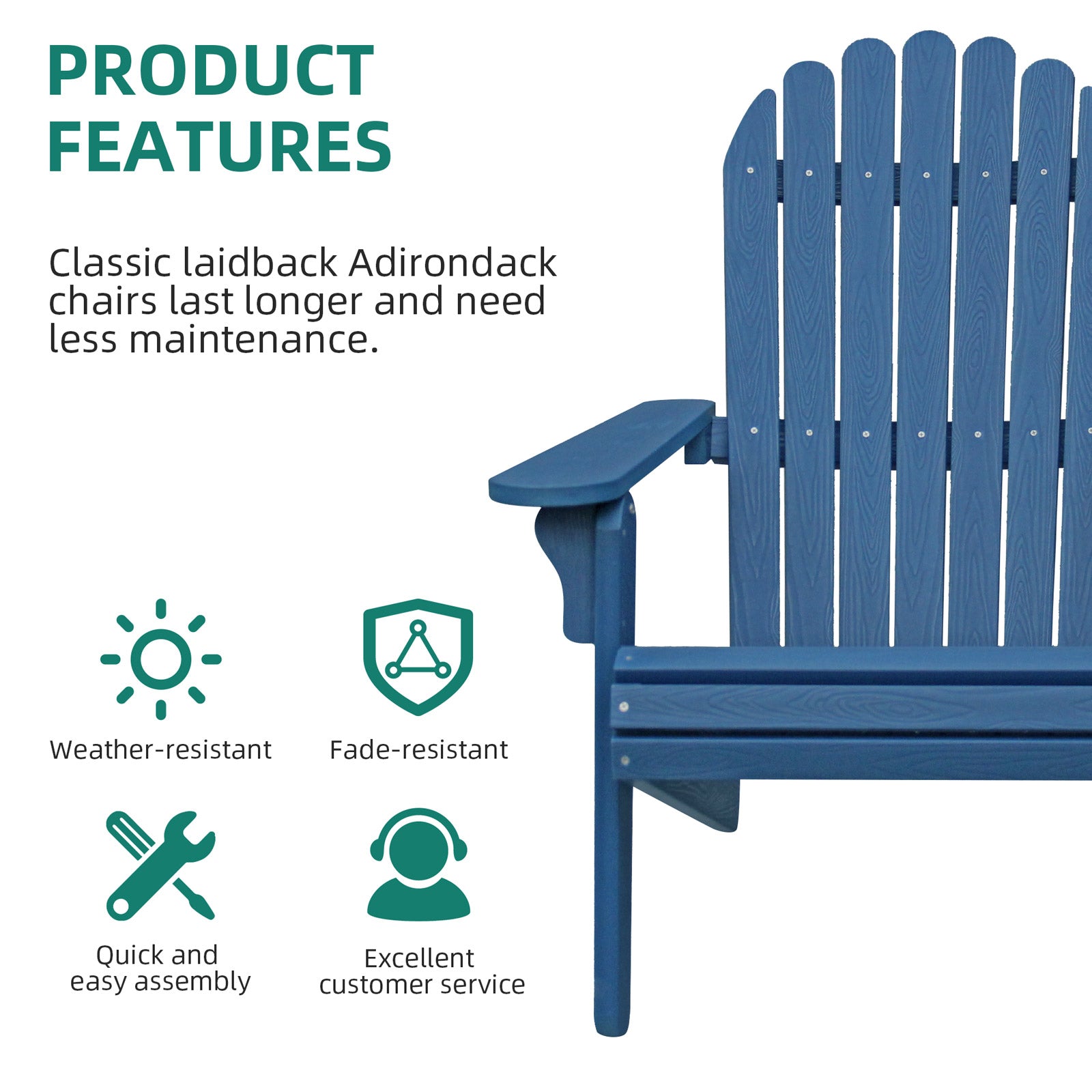Yitahome Adirondack Chair Weather Resistant Wooden Patio,Navy Blue