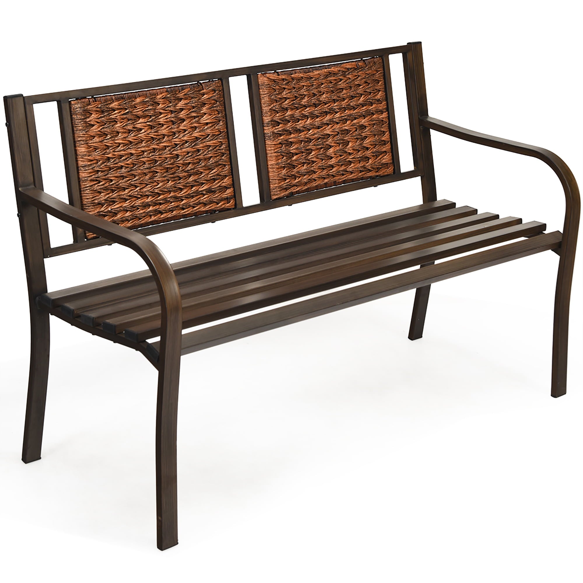 Costway Patio Garden Bench Steel Frame Rattan Backrest Park Yard Outdoor Porch Furniture