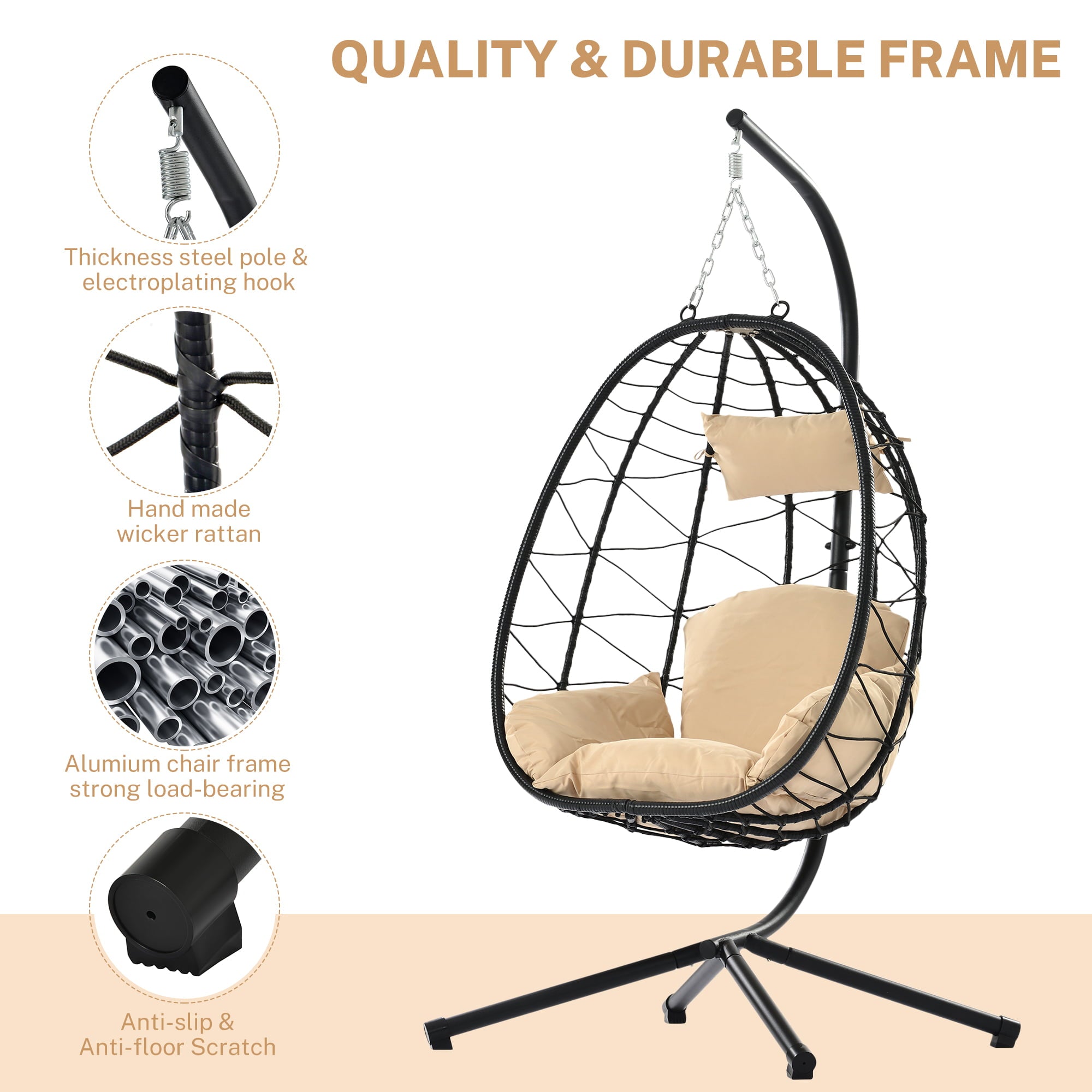 Segmart Outdoor Wicker Swing Chair, with Comfortable Cushion and Stand, 350lbs, S462
