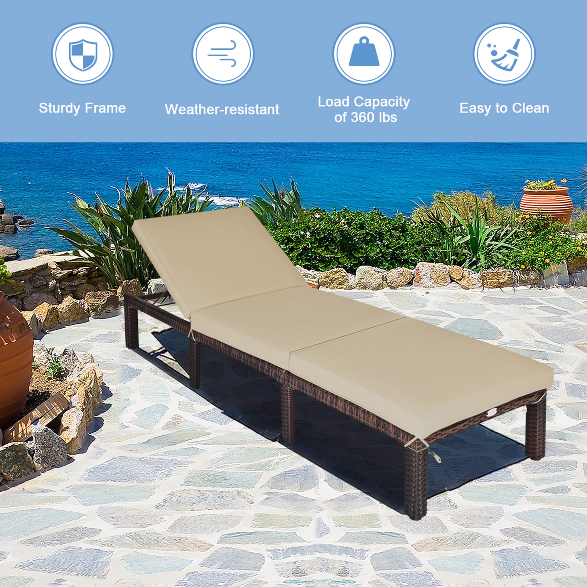 Gymax Patio Rattan Chaise Lounge Chair Recliner Outdoor w/ 6 Positions Cushion