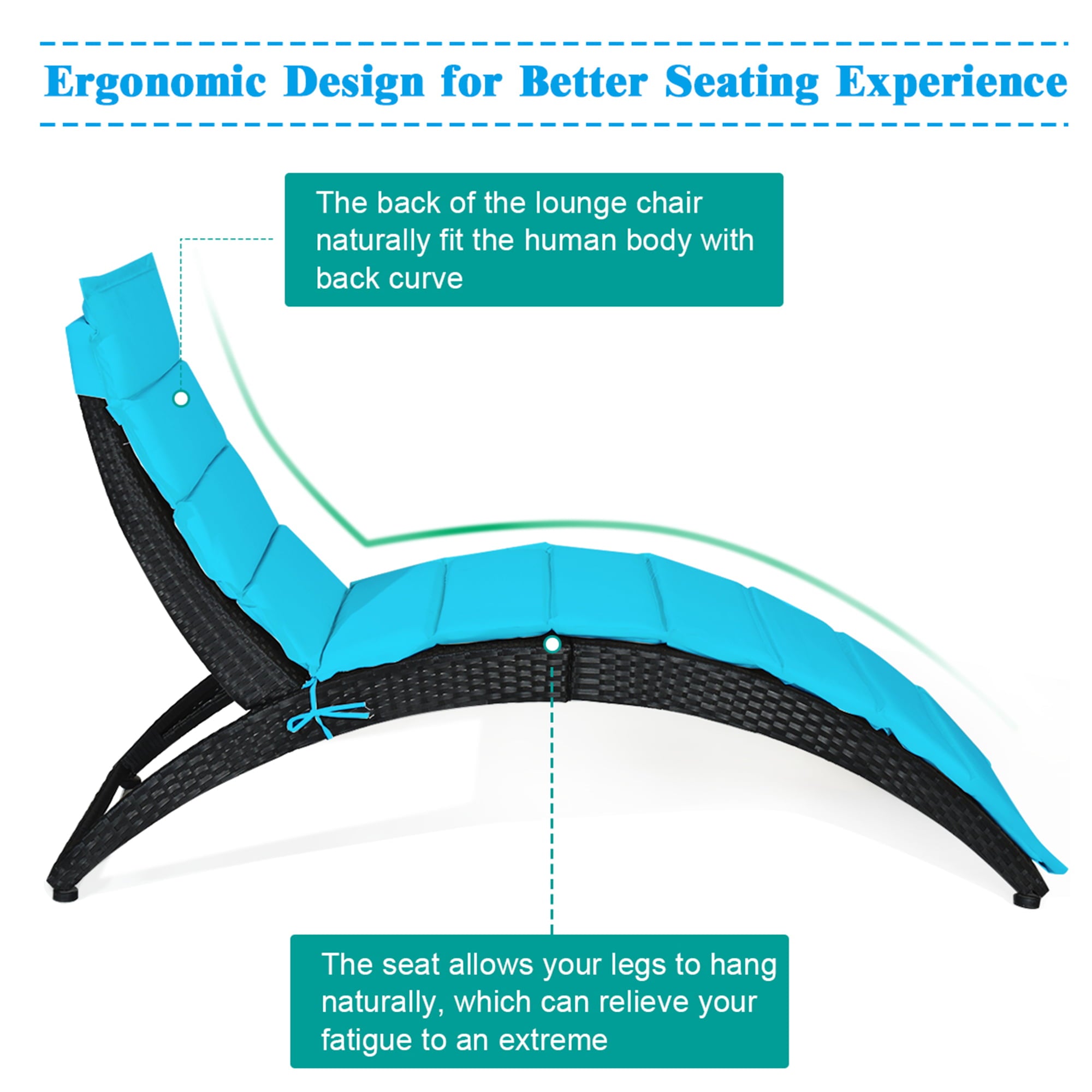 Gymax 2PCS Foldable Rattan Wicker Chaise Lounge Chair w/ Turquoise Cushion Patio Outdoor