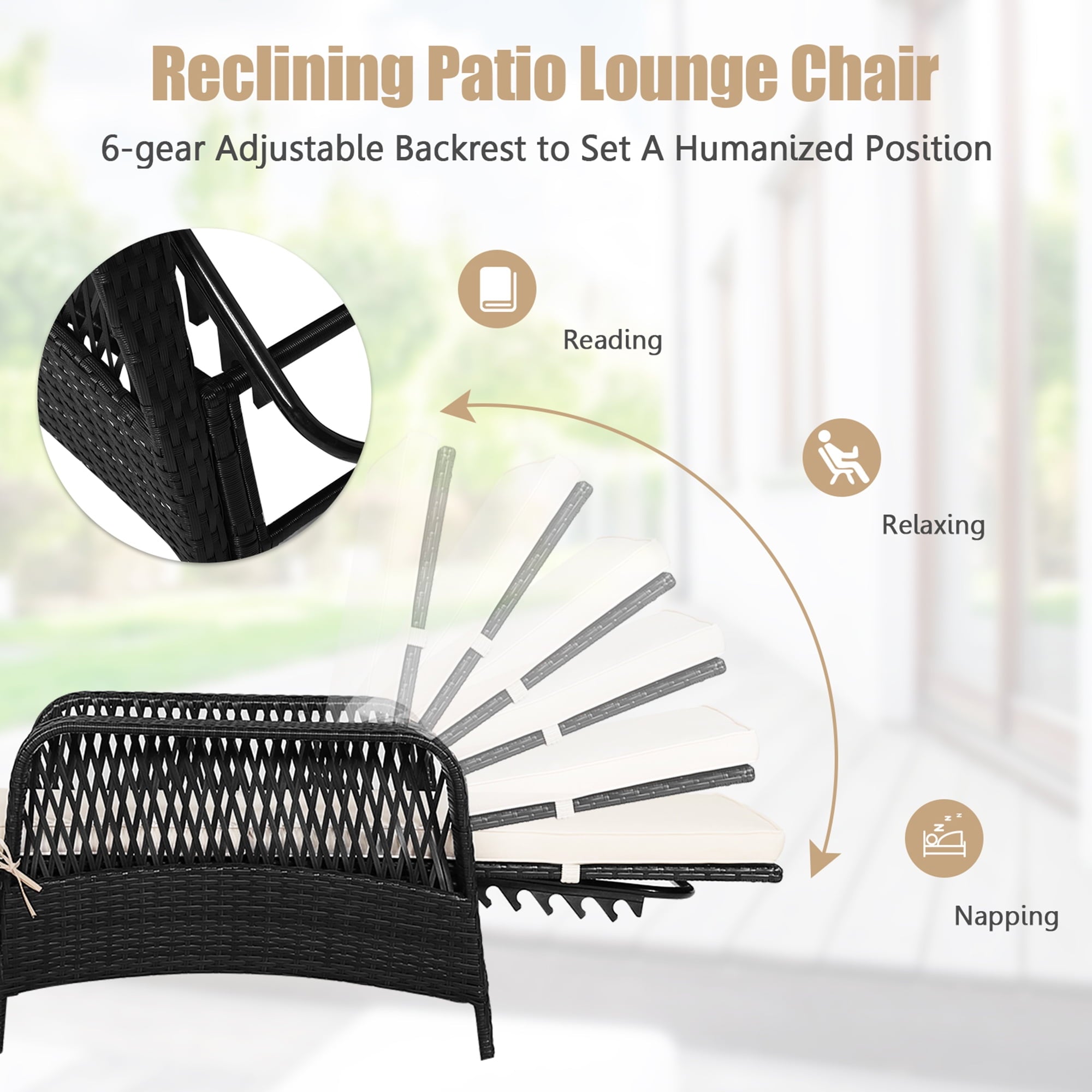 Gymax Set of 2 Adjustable Patio Rattan Lounge Chair Chaise Recliner w/ Cushion & Pillow