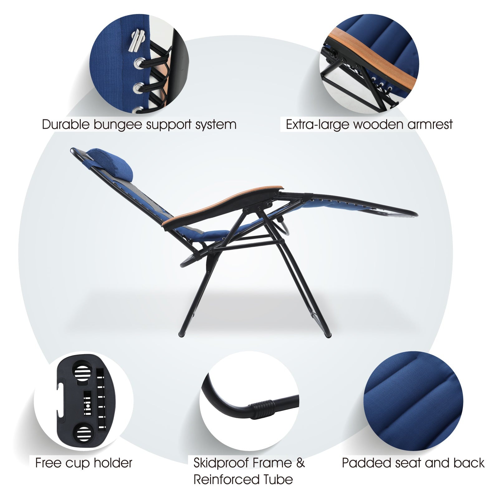 MF Studio Oversized Padded Zero Gravity Chair With Cup Holder, Blue