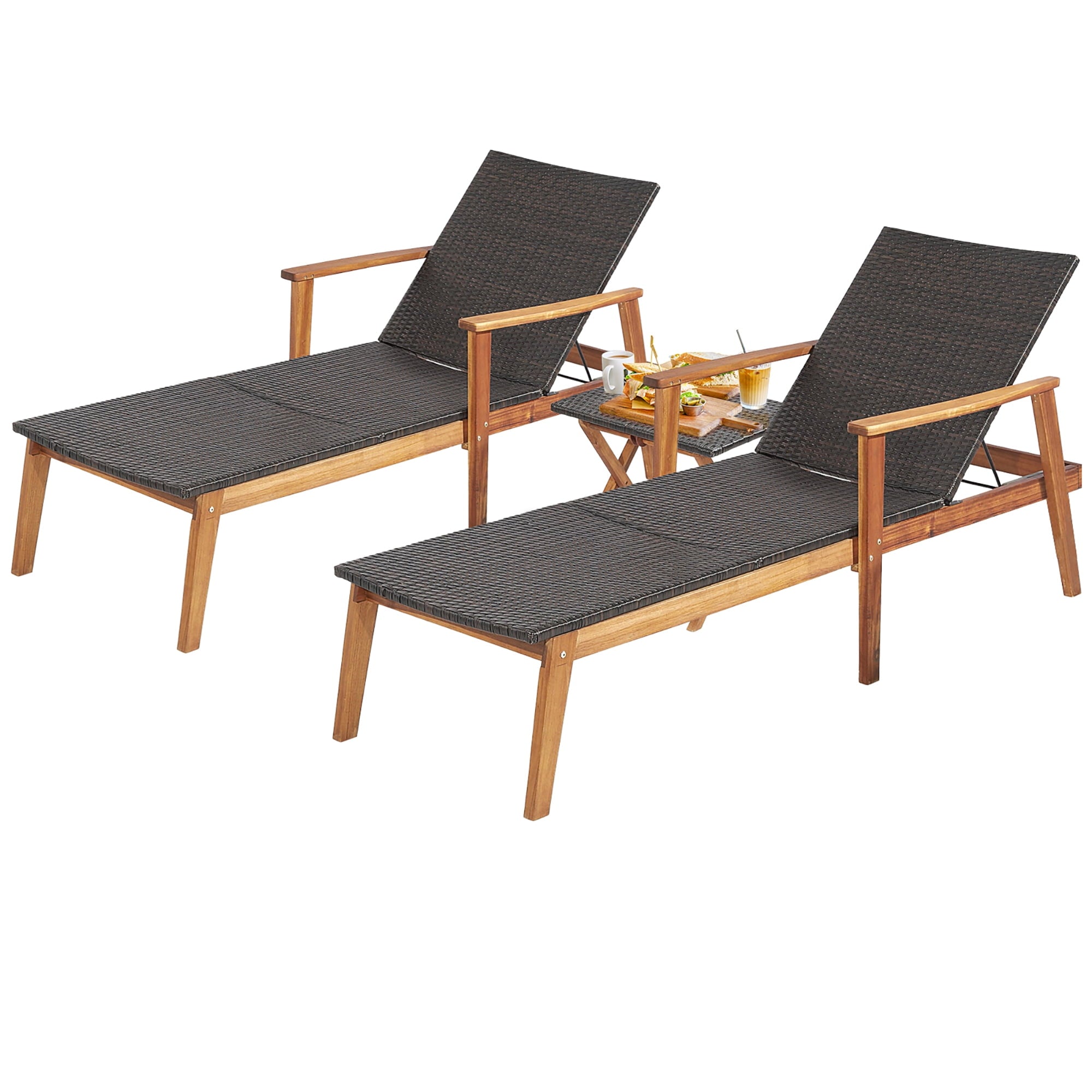 Gymax 3PCS Outdoor Chaise Lounge Set Patio Yard w/ Side Table Adjustable Backrest