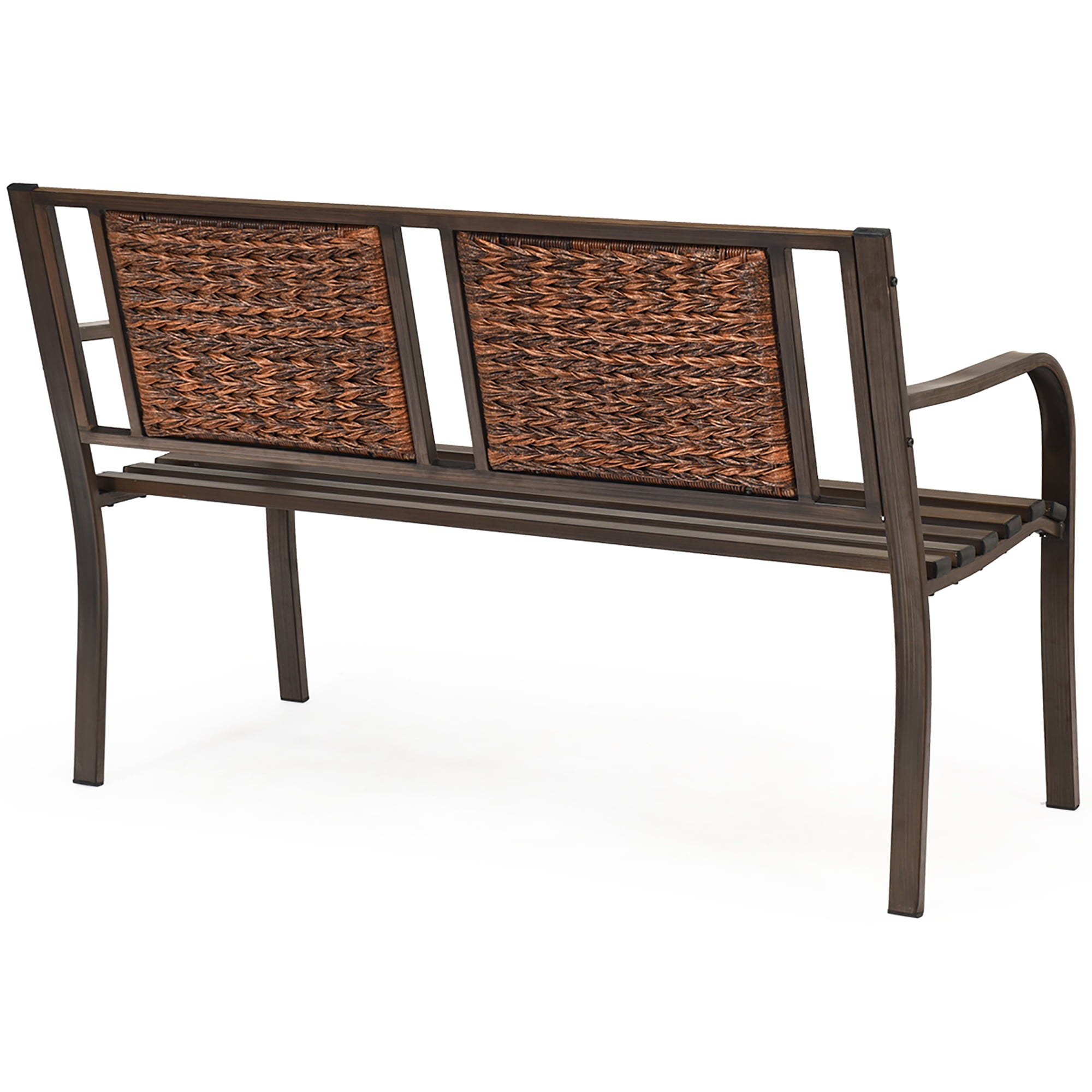 Costway Patio Garden Bench Steel Frame Rattan Backrest Park Yard Outdoor Porch Furniture