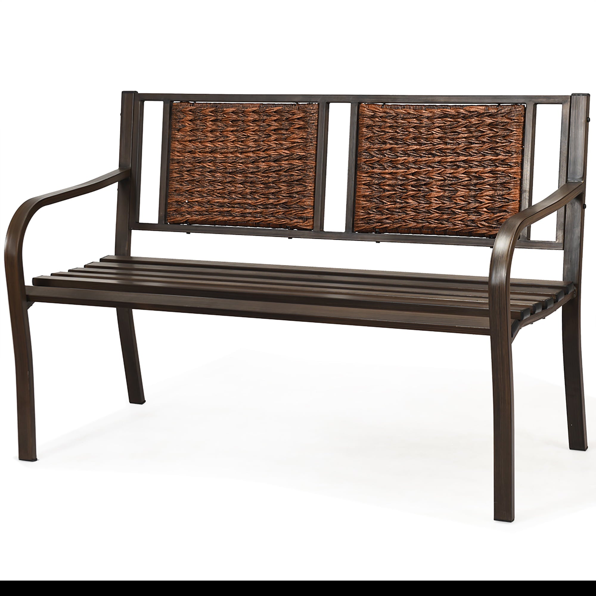 Costway Patio Garden Bench Steel Frame Rattan Backrest Park Yard Outdoor Porch Furniture