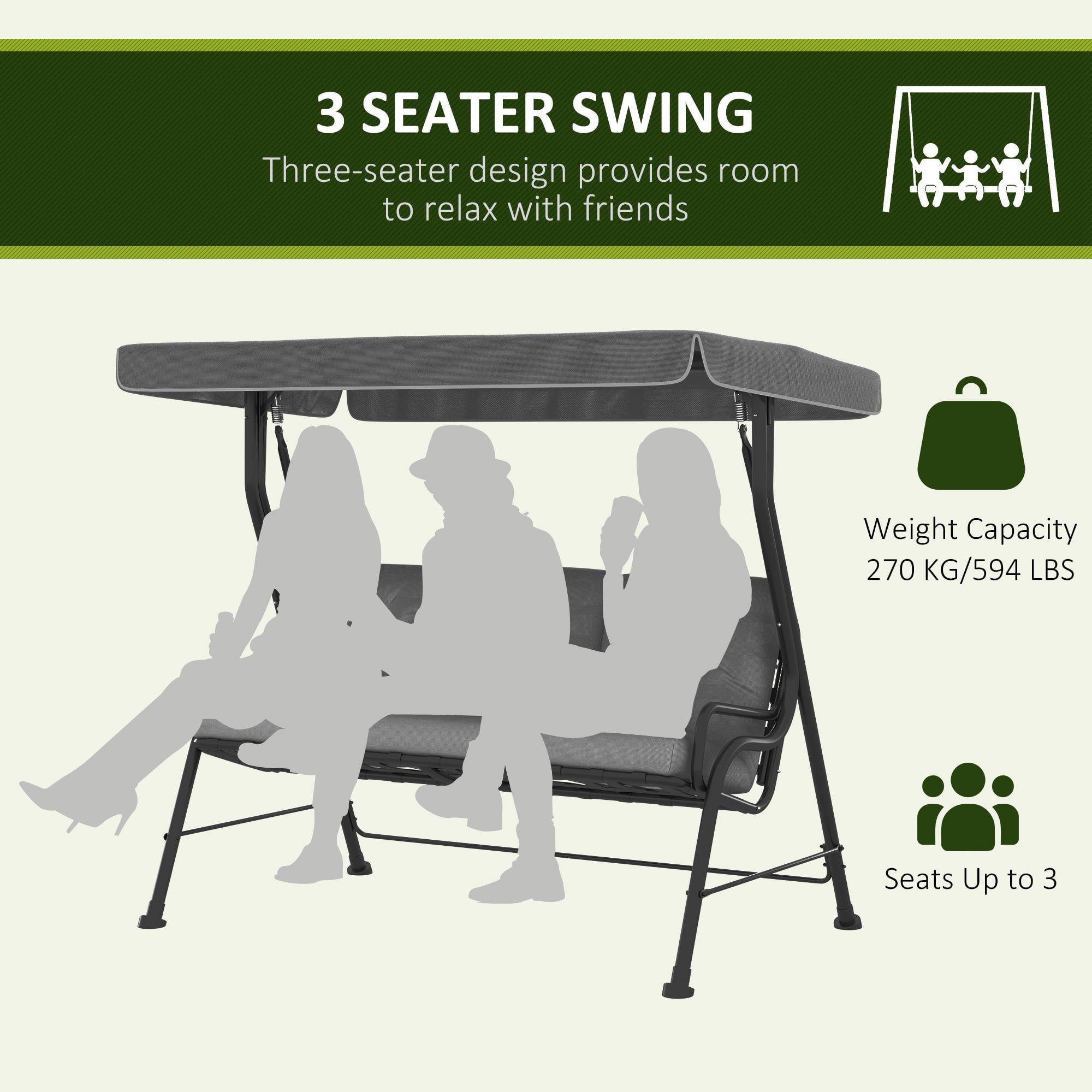 Outsunny 3-Seat Patio Swing Chair/Swing Glider with Adjustable Canopy, Removable Cushion