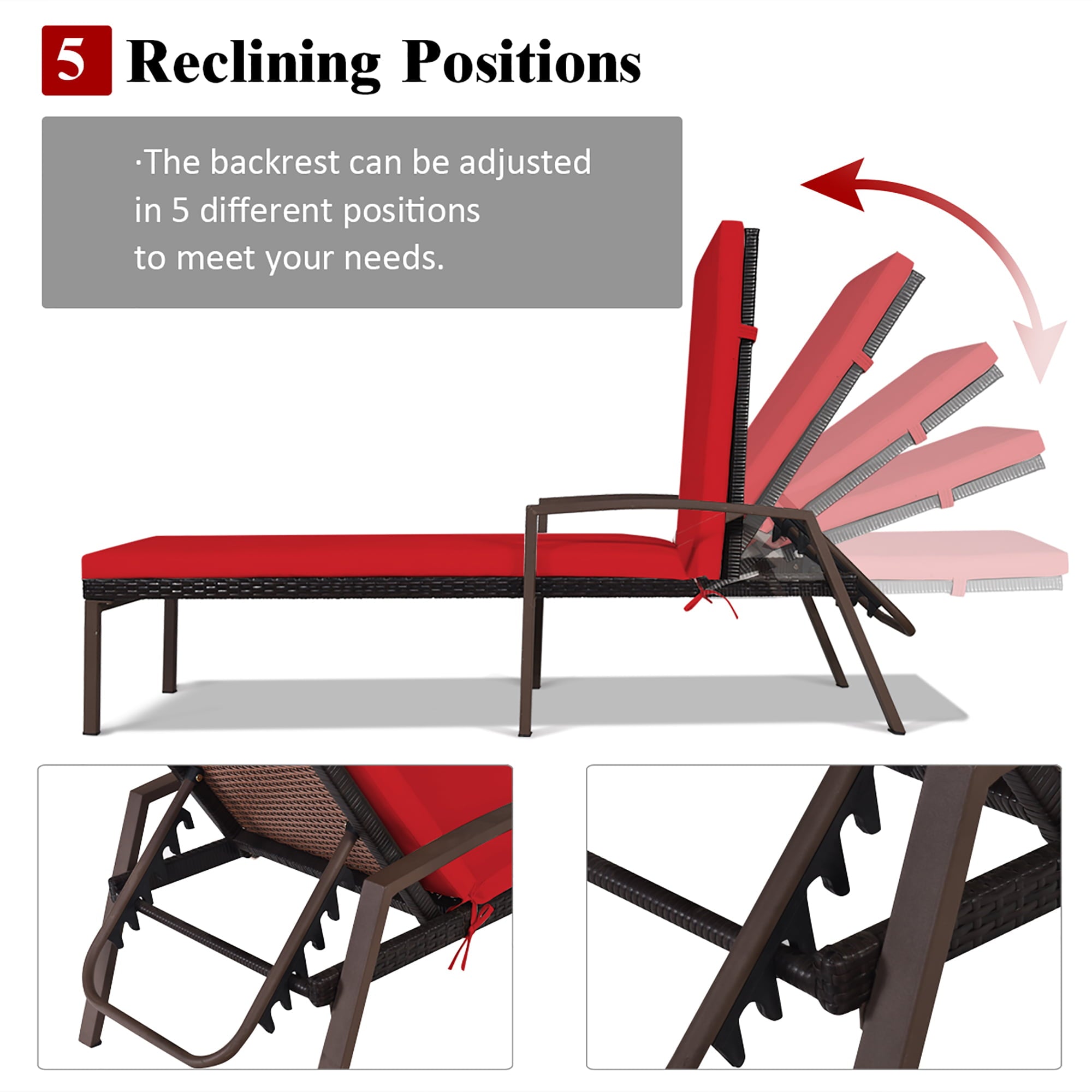 Costway 2PCS Patio Rattan Lounge Chair Chaise Recliner Back Adjustable Cushioned Red