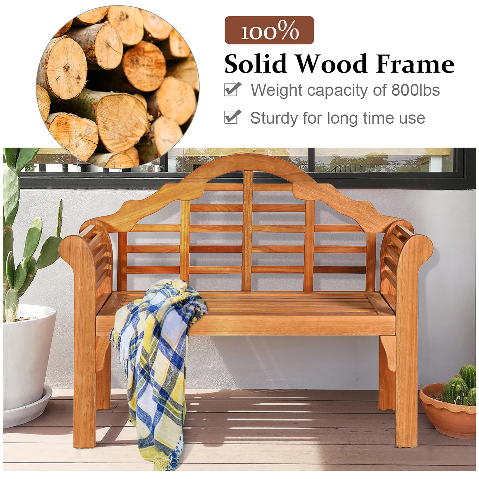 Costway 49'' Outdoor Folding Bench Eucalyptus Wood Backrest Armrest Patio Garden