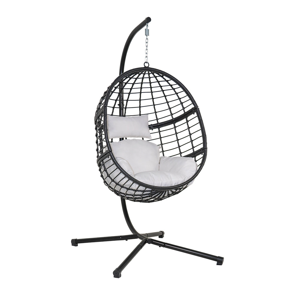Abble Wicker Hanging Egg Chair with Cushion and Stand - Black