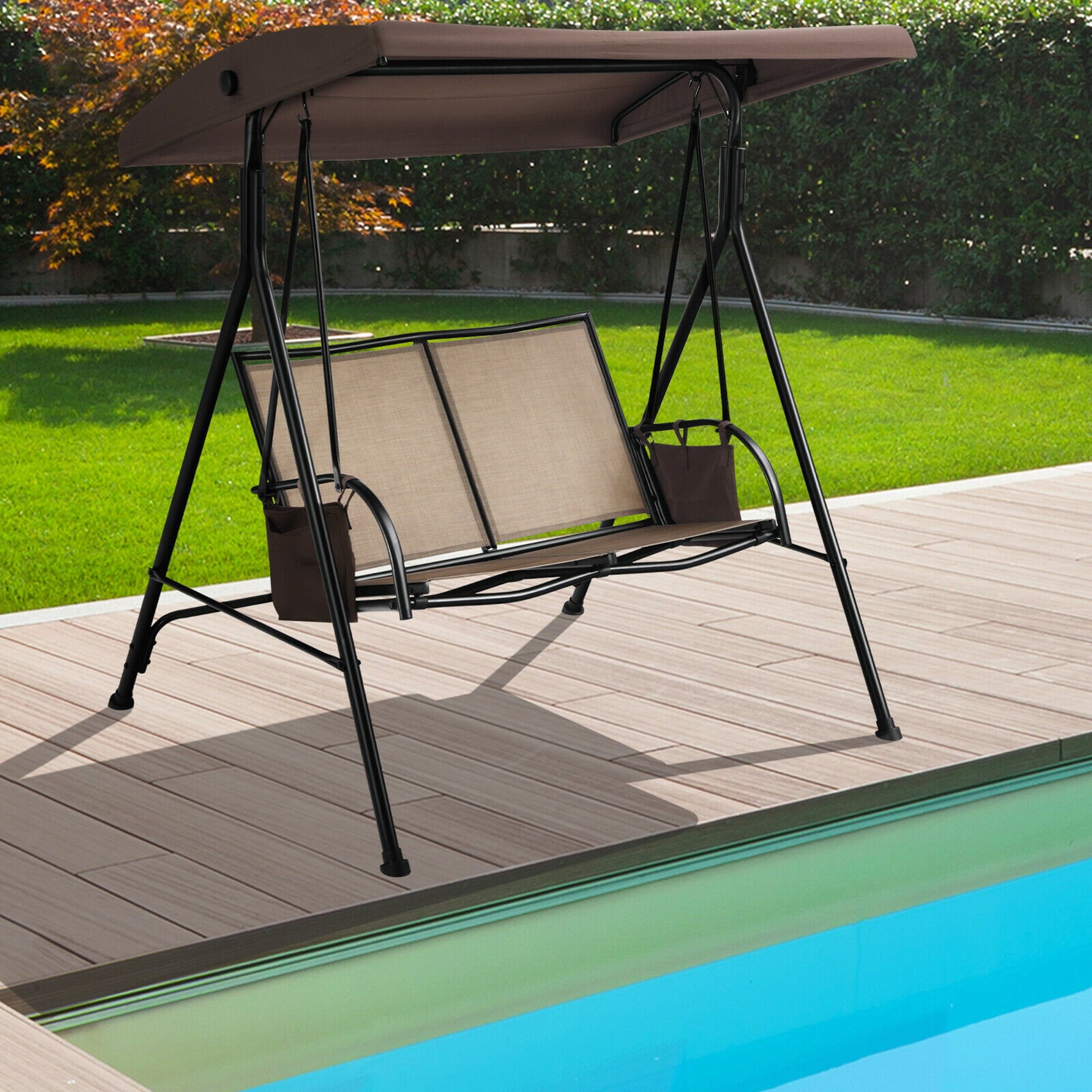 Gymax 2-Person Adjustable Canopy Swing Chair Patio Outdoor w/ 2 Storage Pockets