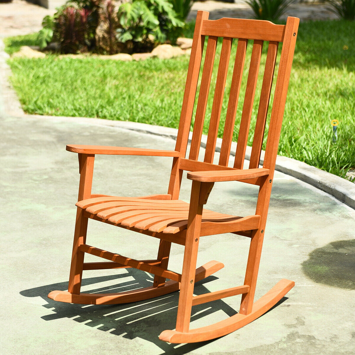 Gymax Outdoor Eucalyptus Rocking Chair Single Rocker for Patio Deck Garden Natural