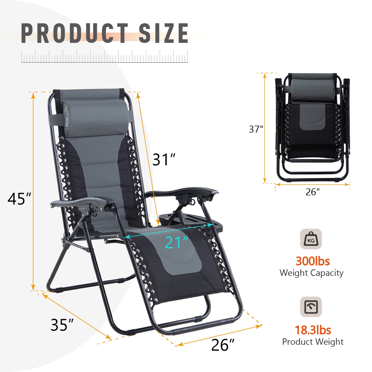 MF Studio Padded Zero Gravity Chair Outdoor Patio Recliner with Adjustable Headrest and Cup Holder, Grey