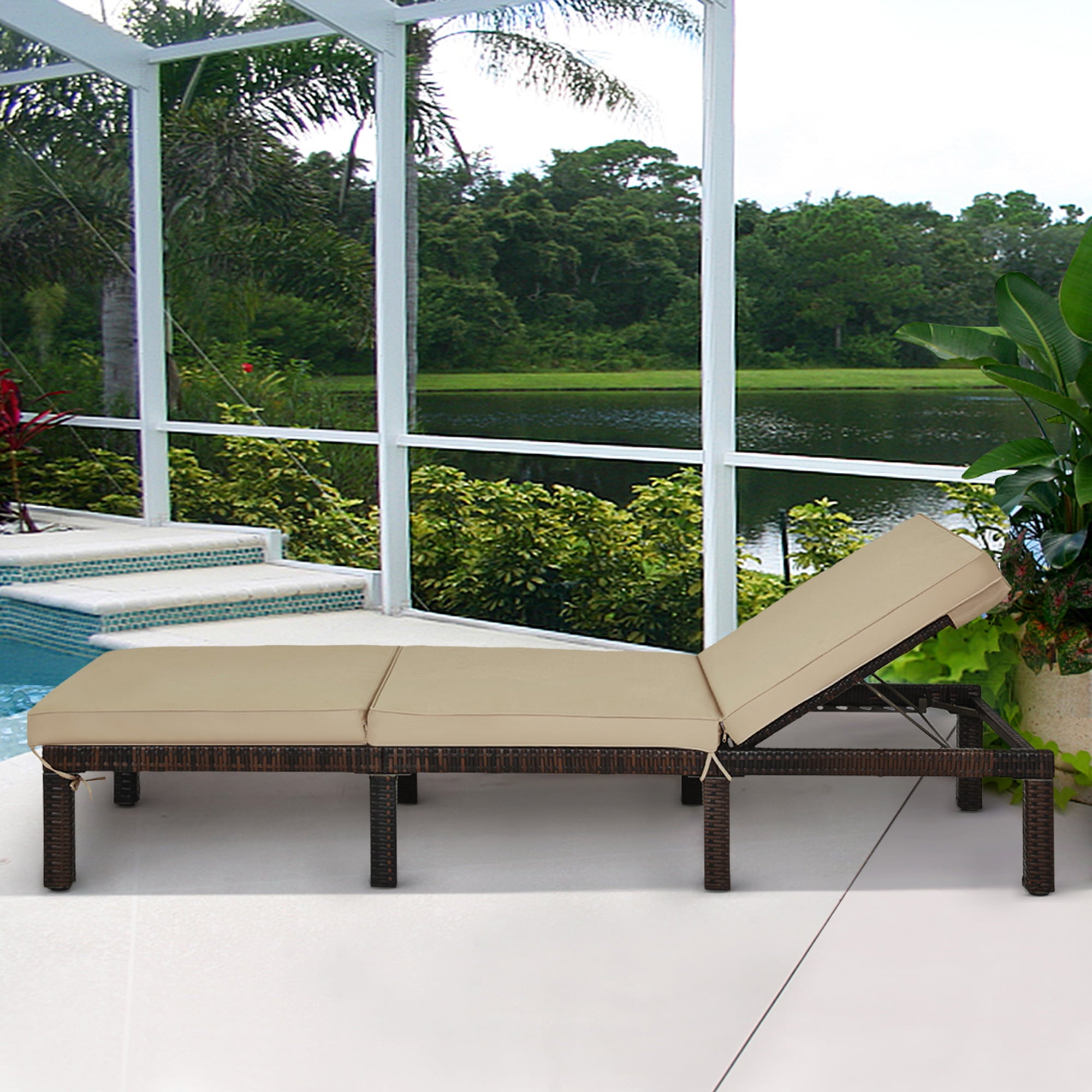 Gymax Patio Rattan Chaise Lounge Chair Recliner Outdoor w/ 6 Positions Cushion