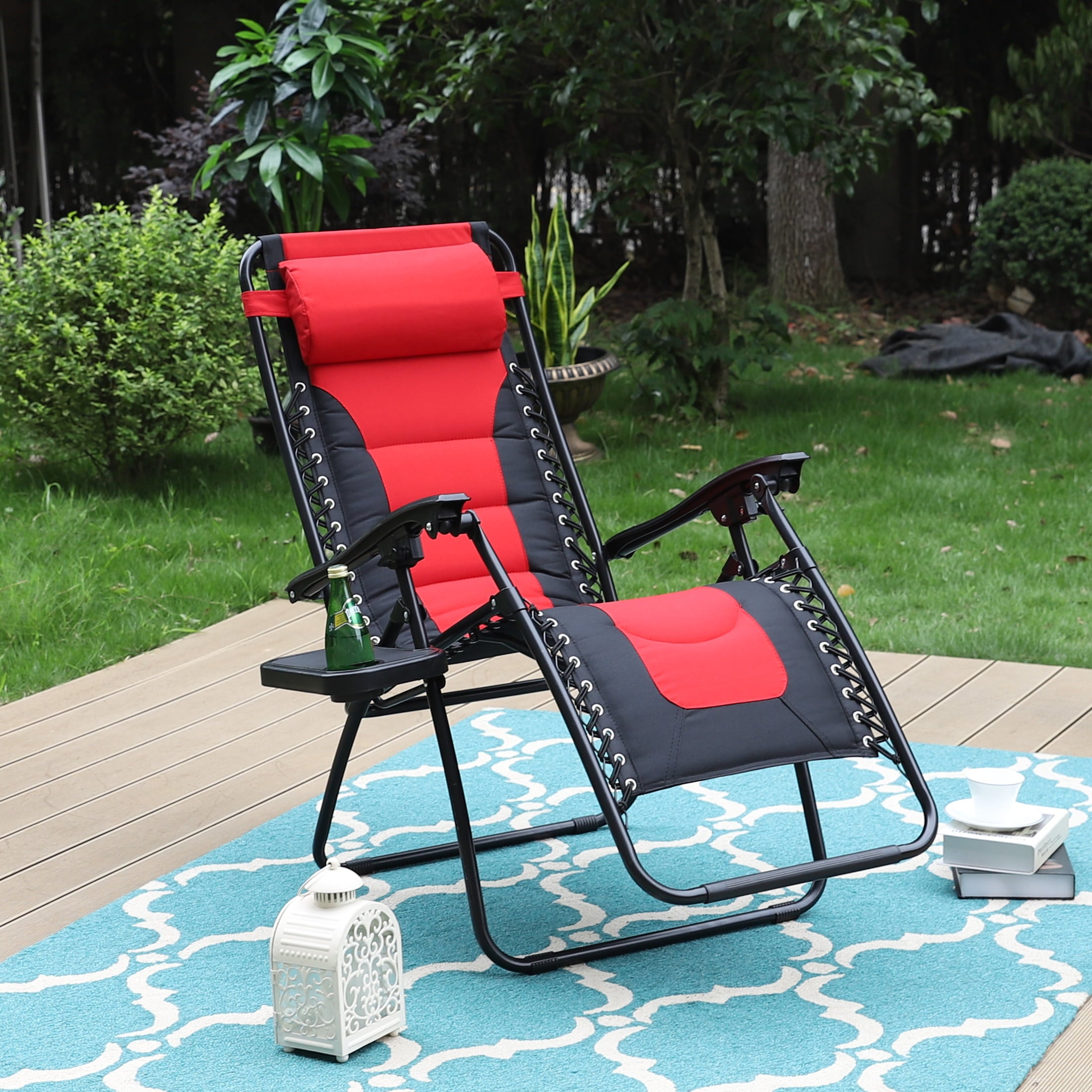 MF Studio Padded Zero Gravity Lounge Chair Adjustable Potable Camping Lawn Chair Heavy Duty Steel Frame with Cup Holder, Red