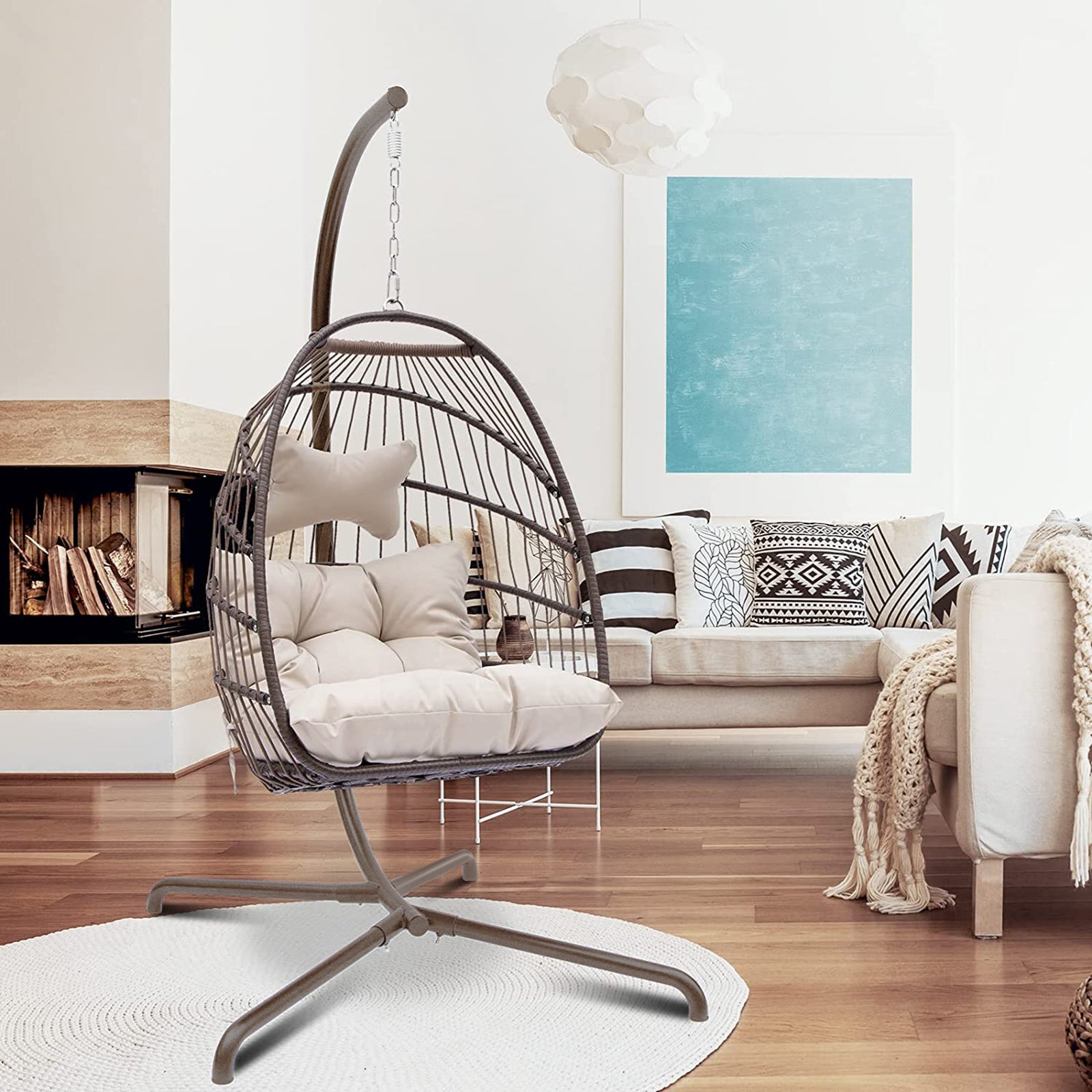 Nicesoul Foldable PE Wicker Brown Hanging Egg Chair With Stand, Cushion and Pillow