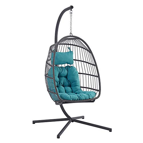 Walker Edison Carmel Modern Rattan Hanging Egg Swing Chair with Stand, 78 Inch, Grey and Teal