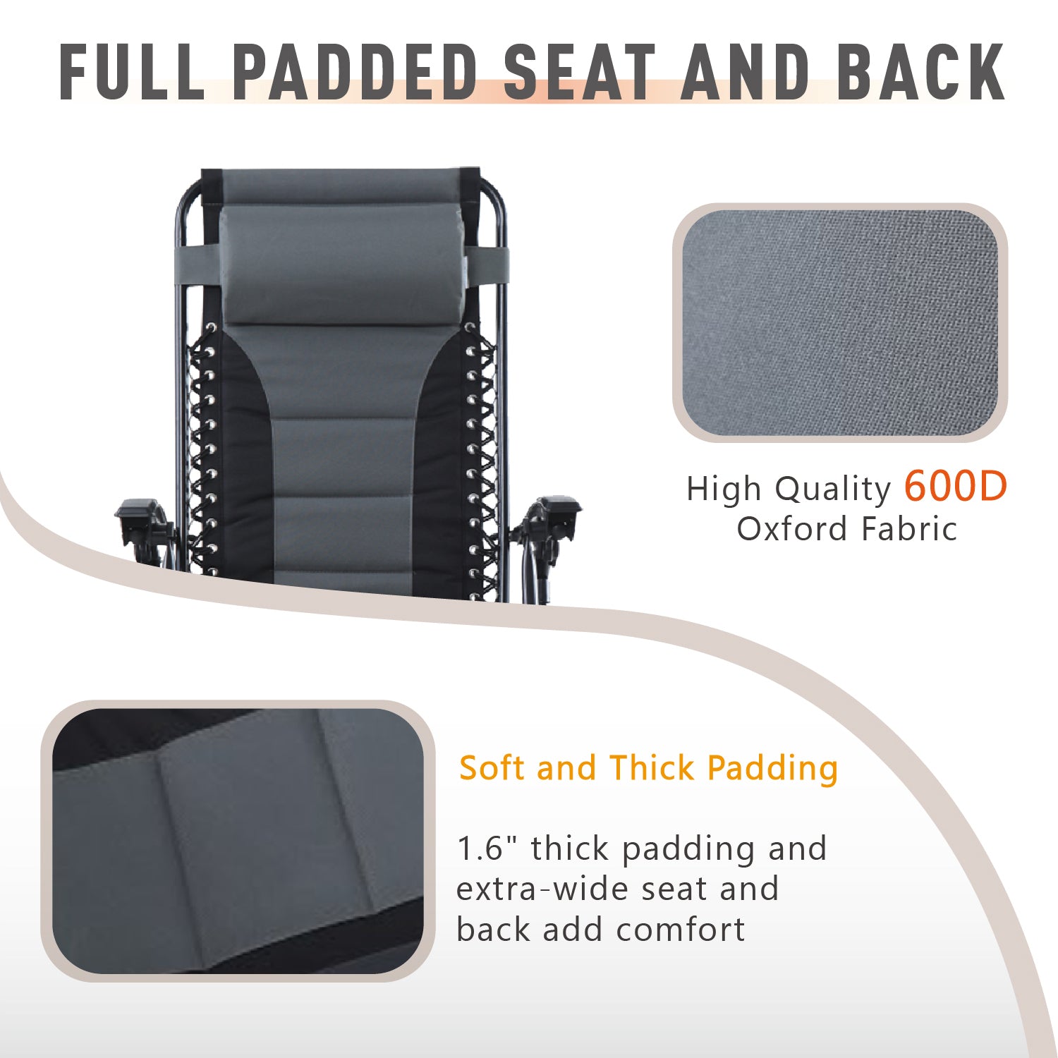 MF Studio Padded Zero Gravity Chair Outdoor Patio Recliner with Adjustable Headrest and Cup Holder, Grey