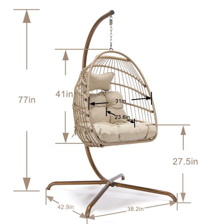 Nicesoul Rattan Swing Egg Chair Hanging Chair with Stand Beige 350 lbs Capacity Metal Frame