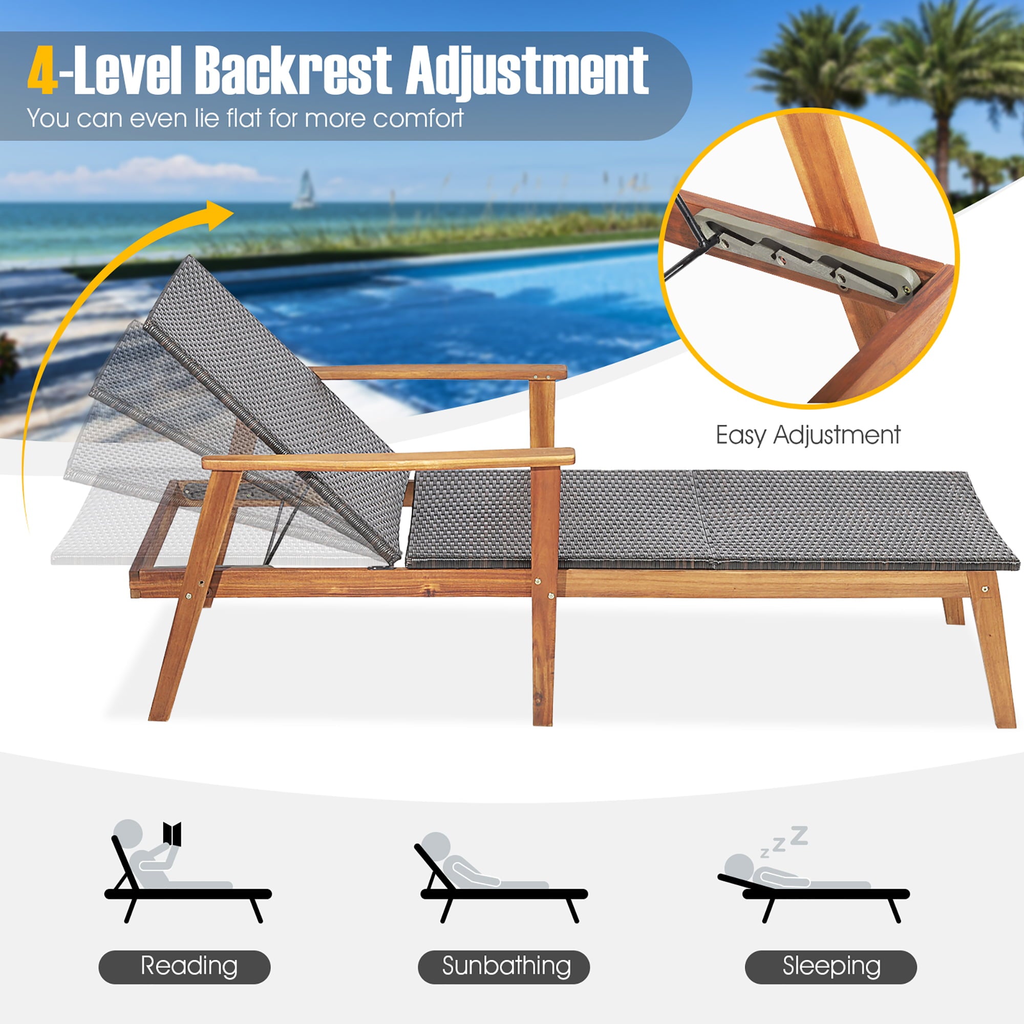 Gymax 3PCS Outdoor Chaise Lounge Set Patio Yard w/ Side Table Adjustable Backrest